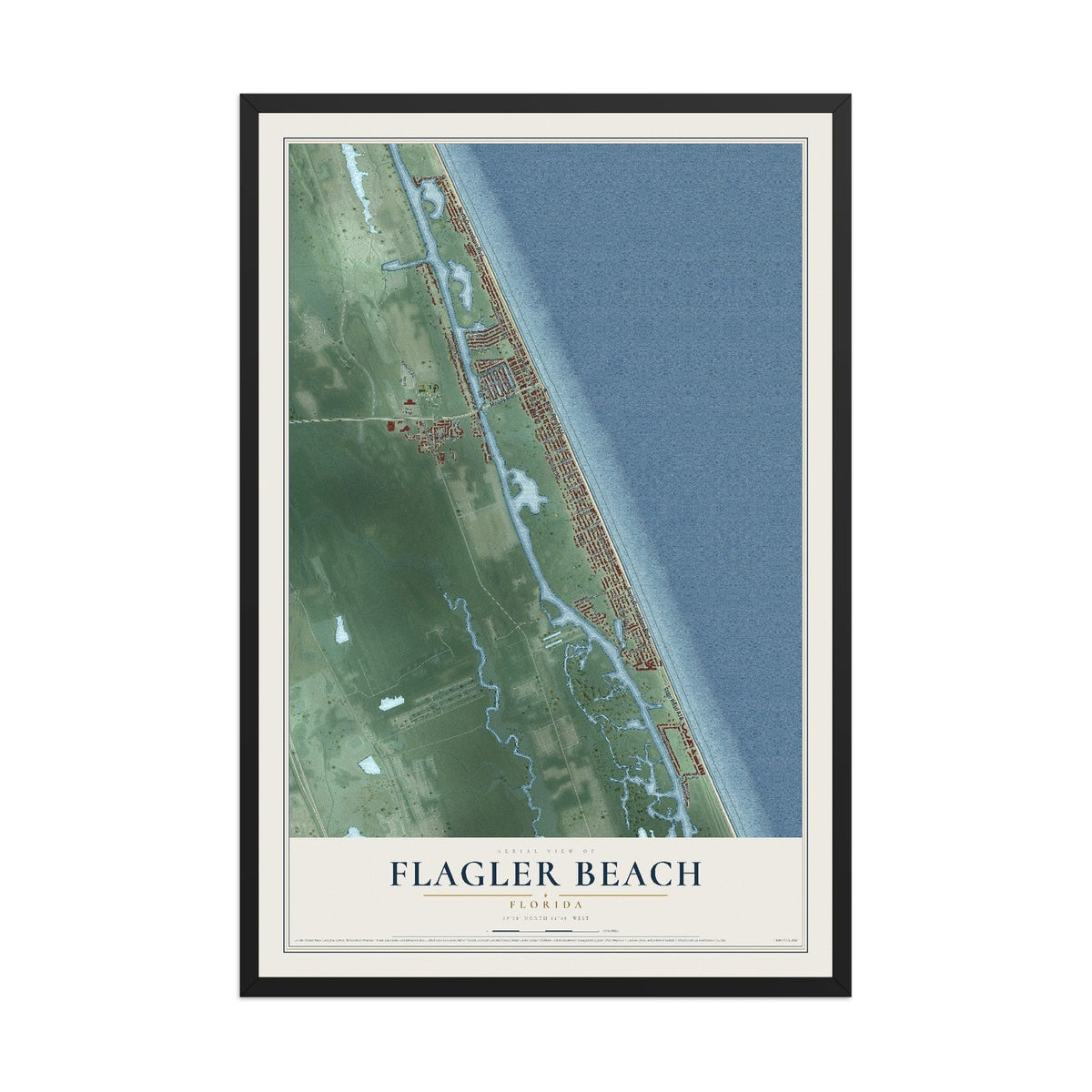 Flagler Beach, Florida map print, 12" x 18" W/ Black Ayous Wood Frame mockup
