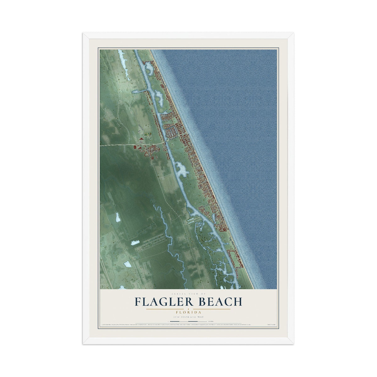 Flagler Beach, Florida map print, 12" x 18" W/ White Ayous Wood Frame mockup