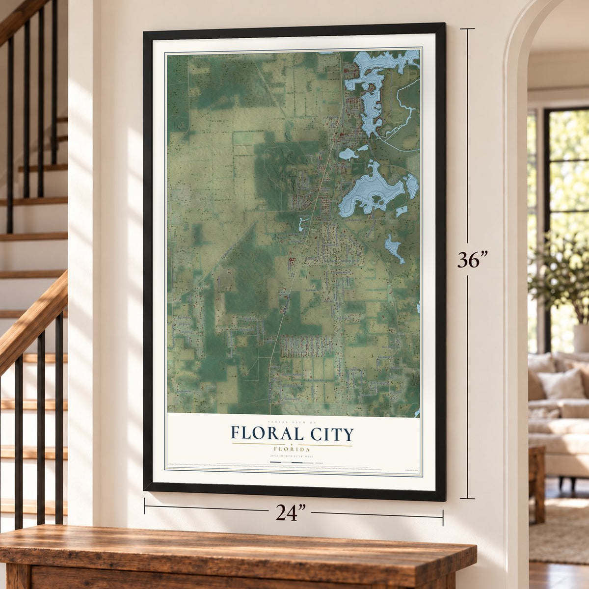 Floral City, Florida map, 24 x 36 inch print in a black frame by a staircase