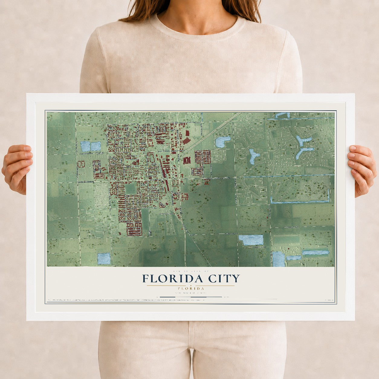 Florida City, Florida map print, 12" x 18" W/ White Ayous Wood Frame mockup