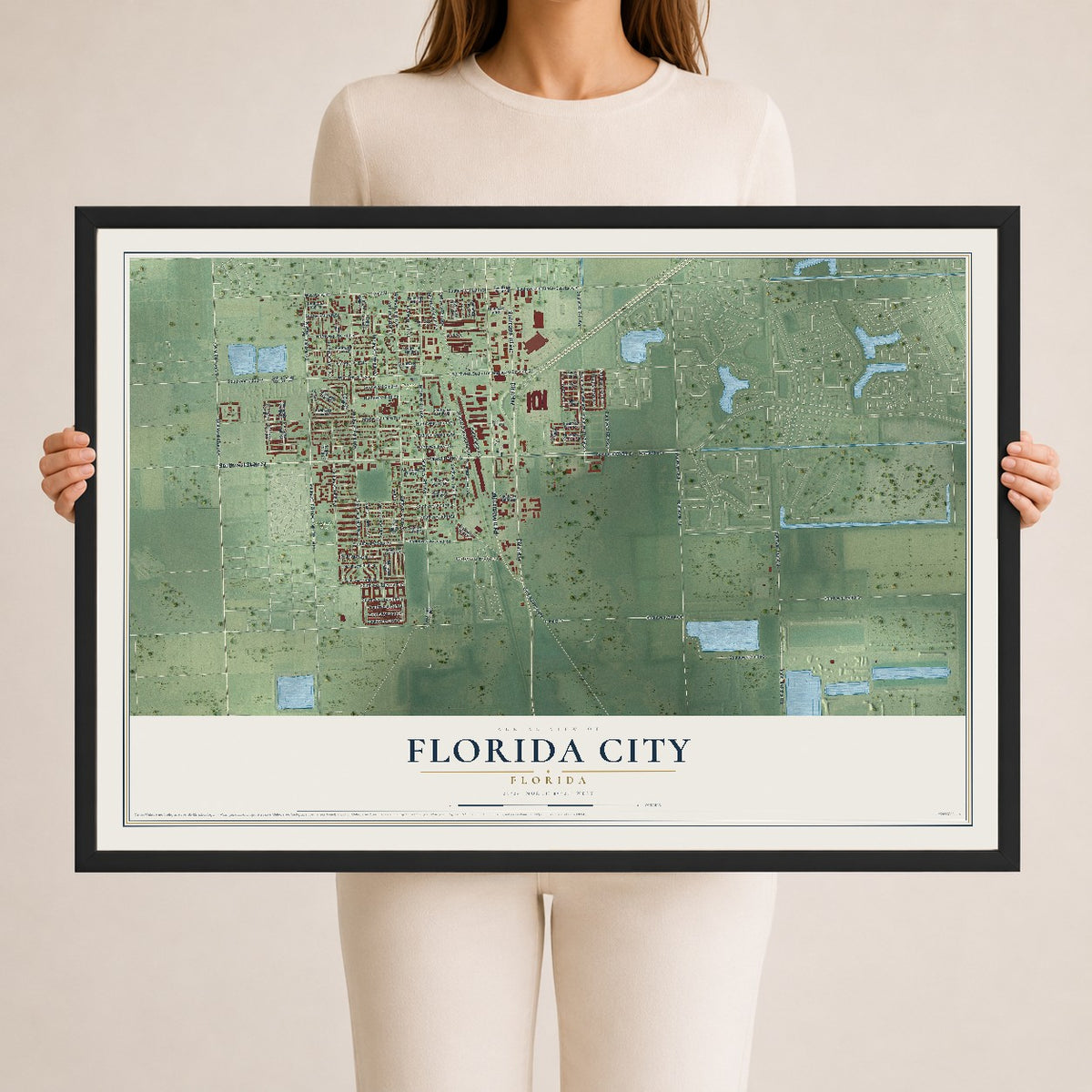 Florida City, Florida map print, 24" x 36" W/ Black Ayous Wood Frame mockup