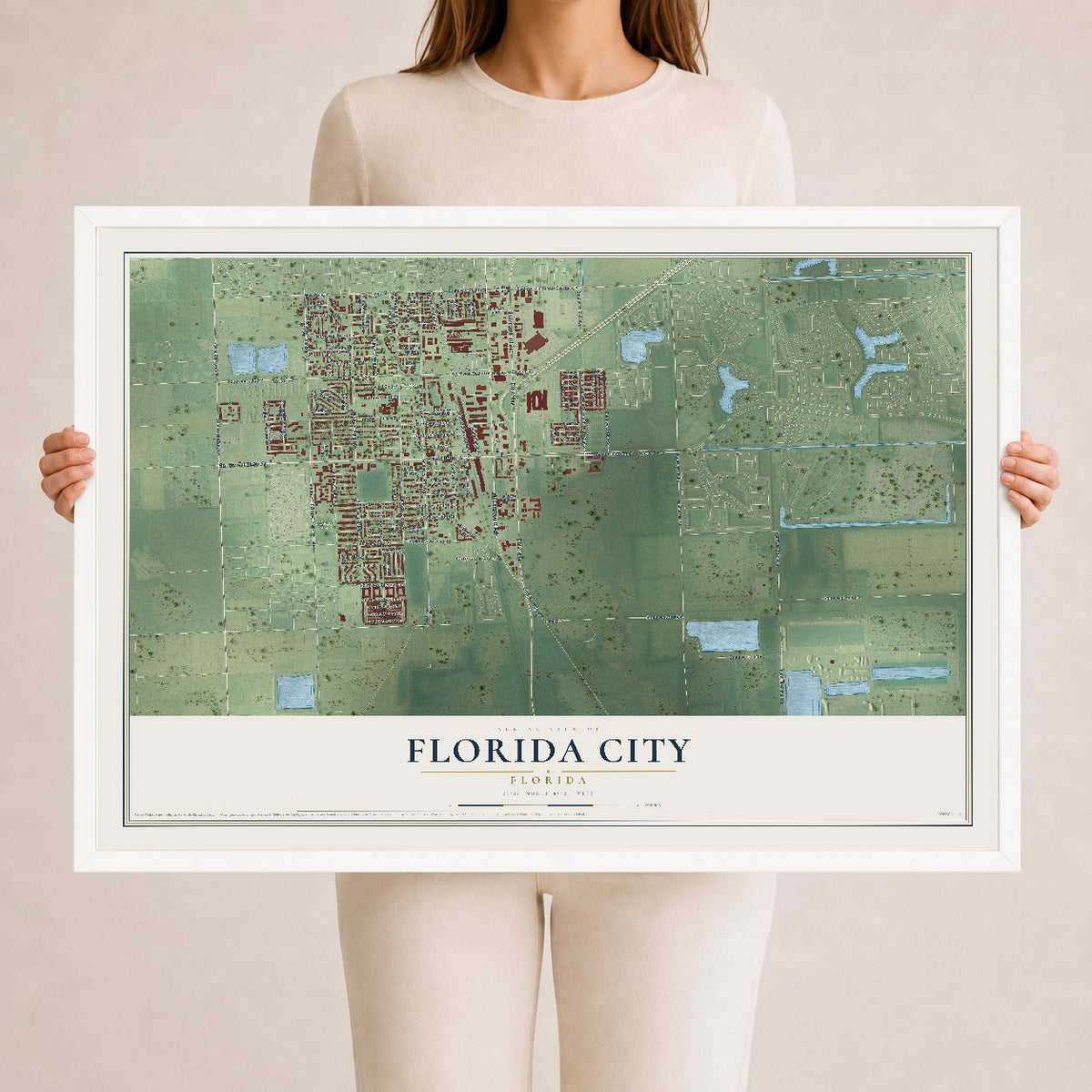 Florida City, Florida map print, 24" x 36" W/ White Ayous Wood Frame mockup
