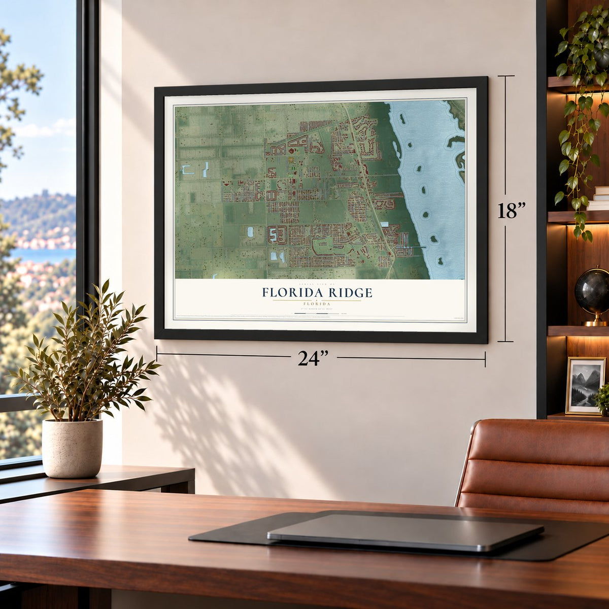 Florida Ridge, Florida map, 18 x 24 inch print in a black frame in a home office
