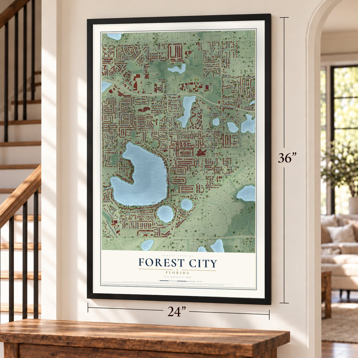 Forest City, Florida map, 24 x 36 inch print in a black frame by a staircase
