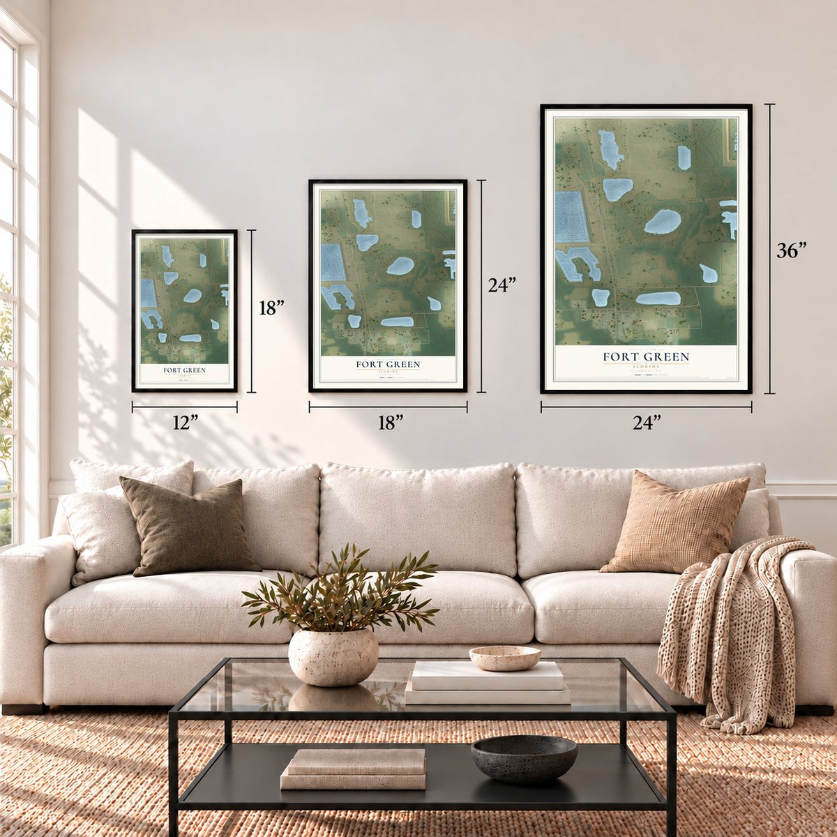 Fort Green, Florida map in 12 x 18, 18 x 24 and 24 x 36 inch sizes above a sofa