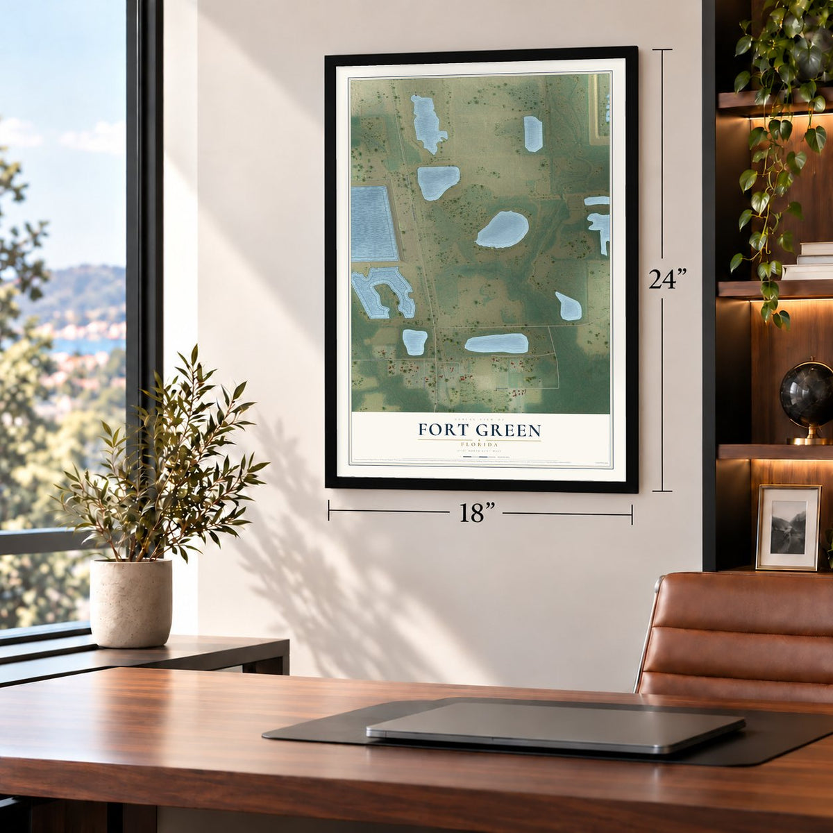 Fort Green, Florida map, 18 x 24 inch print in a black frame in a home office