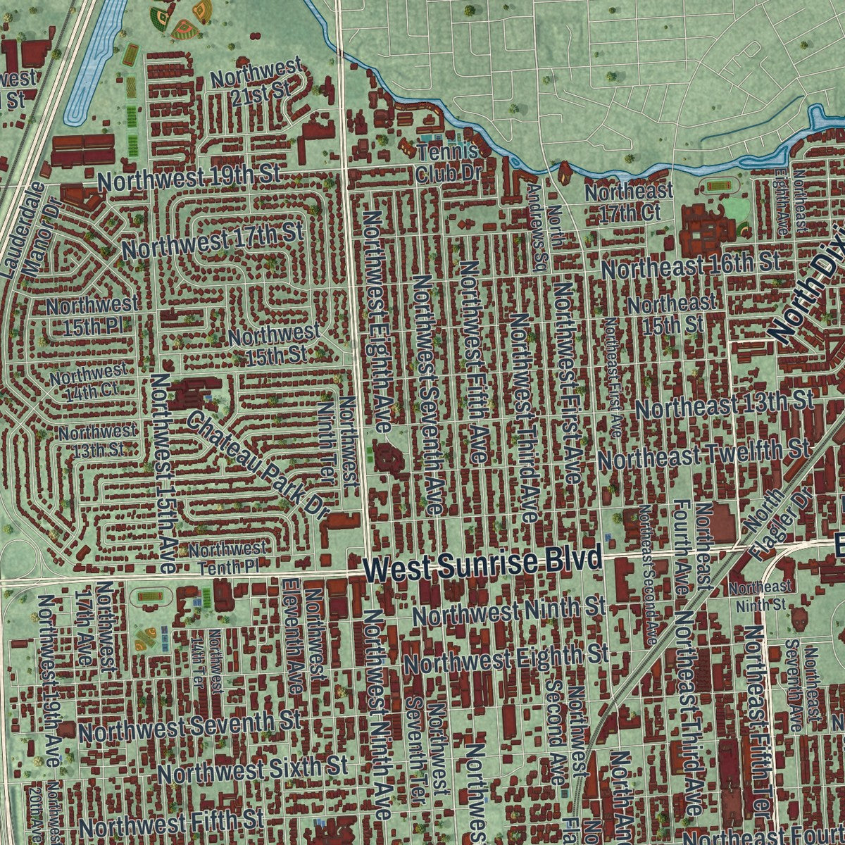 Close-up 2 of the Fort Lauderdale, Florida map artwork