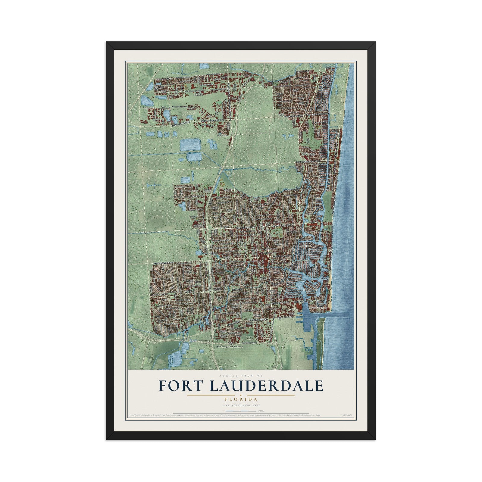 Fort Lauderdale, Florida map print, 12" x 18" W/ Black Ayous Wood Frame mockup