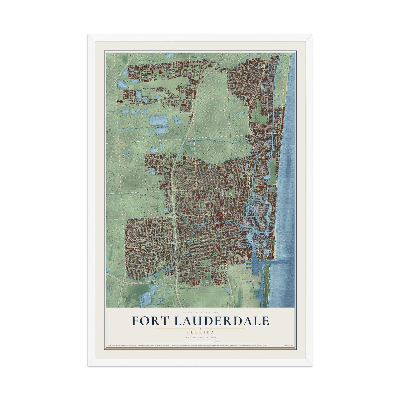 Fort Lauderdale, Florida map print, 12" x 18" W/ White Ayous Wood Frame mockup