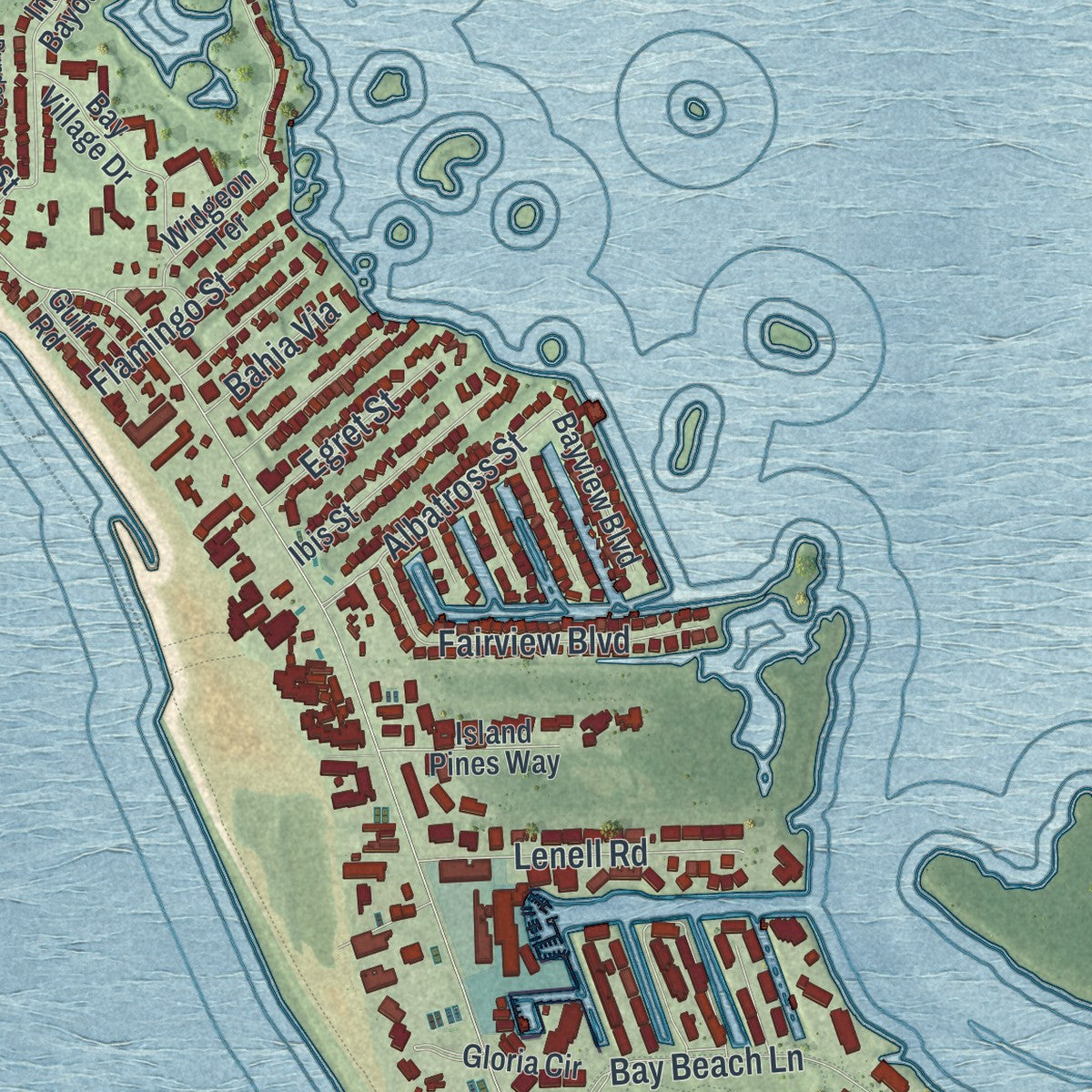 Close-up 1 of the Fort Myers Beach, Florida map artwork