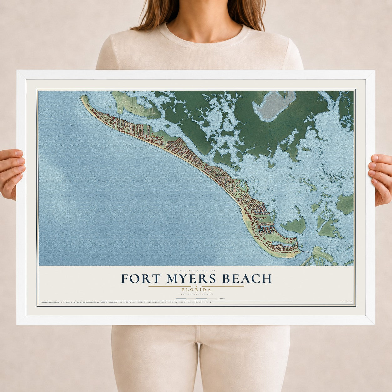 Fort Myers Beach, Florida map print, 18" x 24" W/ White Ayous Wood Frame mockup