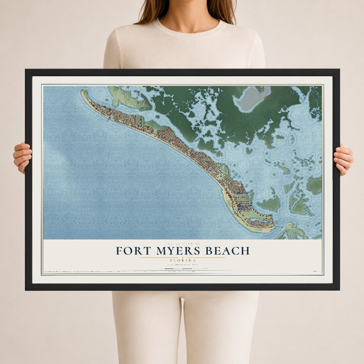 Fort Myers Beach, Florida map print, 24" x 36" W/ Black Ayous Wood Frame mockup