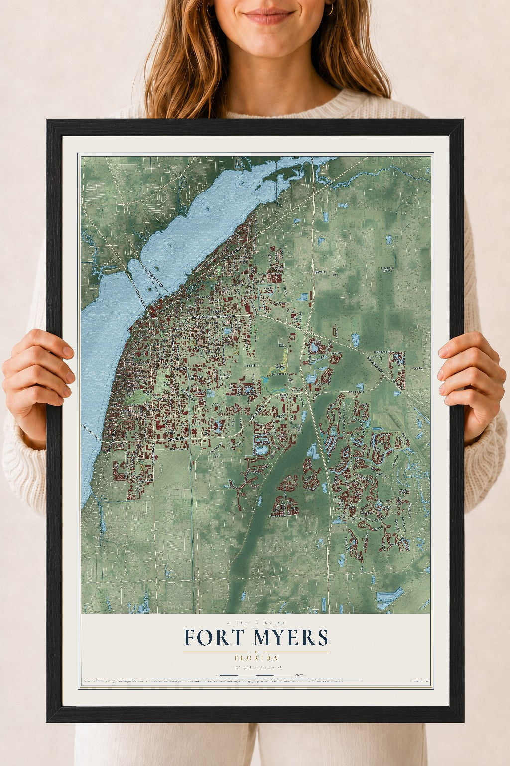 Fort Myers, Florida map print, 18" x 24" W/ Black Ayous Wood Frame mockup