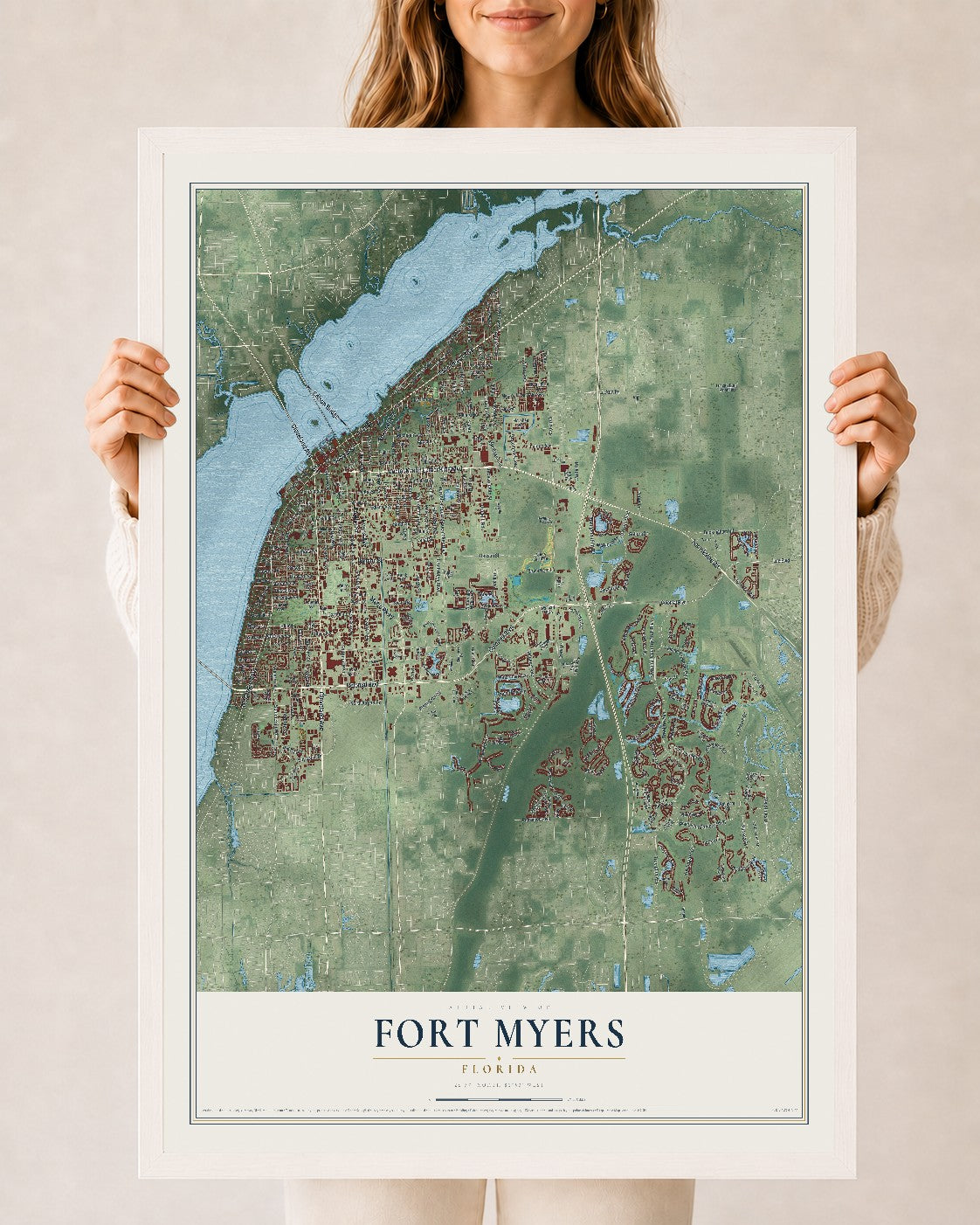 Fort Myers, Florida map print, 24" x 36" W/ White Ayous Wood Frame mockup