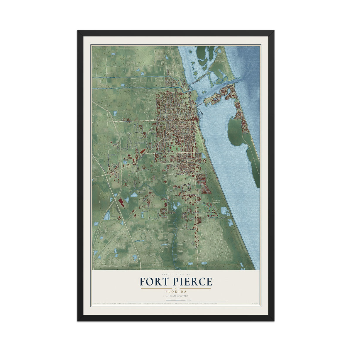 Fort Pierce, Florida map print, 12" x 18" W/ Black Ayous Wood Frame mockup