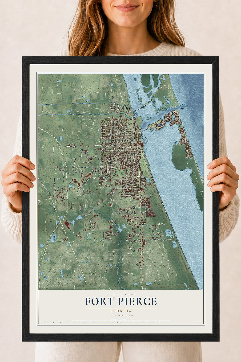 Fort Pierce, Florida map print, 18" x 24" W/ Black Ayous Wood Frame mockup