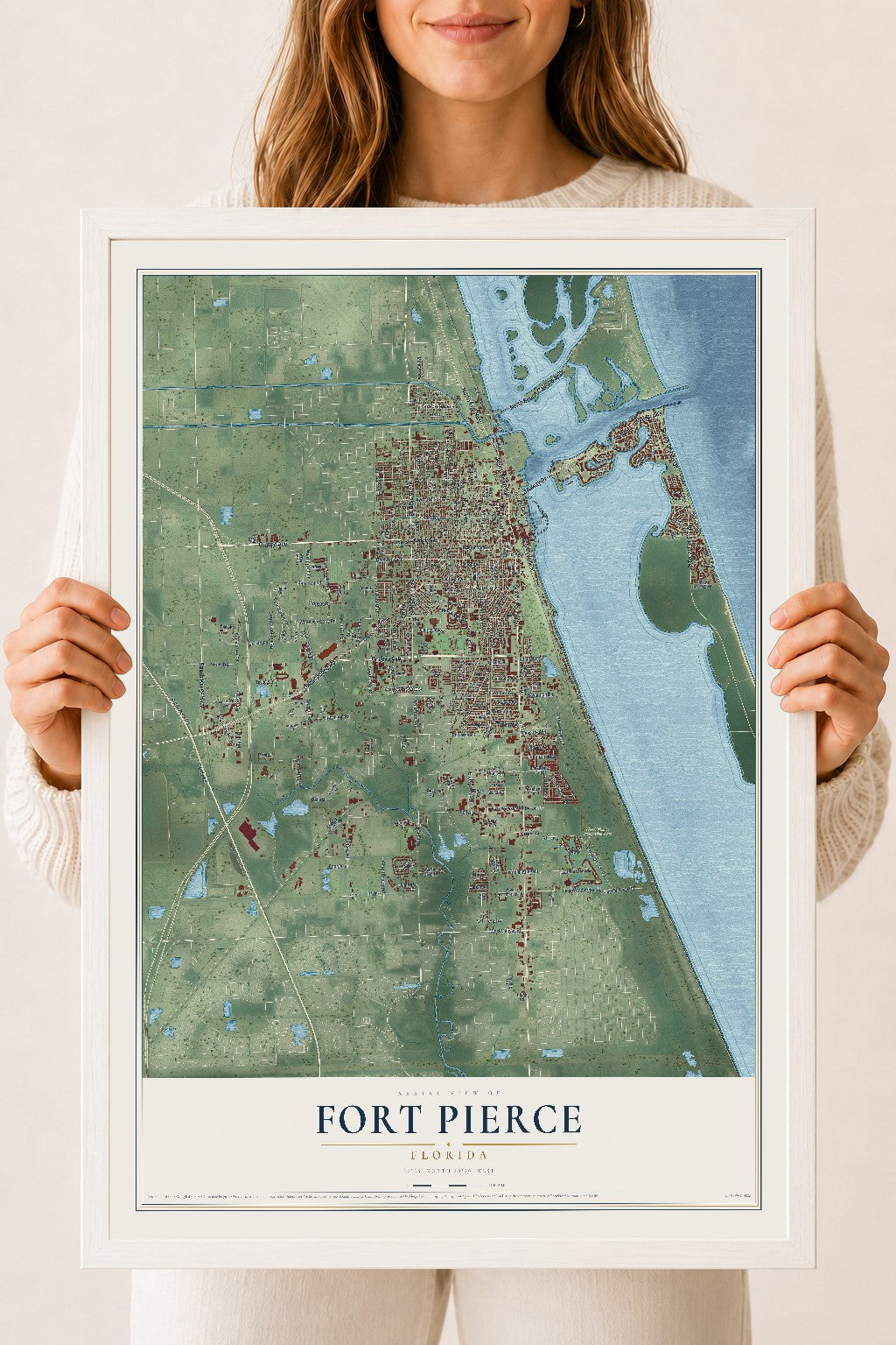 Fort Pierce, Florida map print, 18" x 24" W/ White Ayous Wood Frame mockup