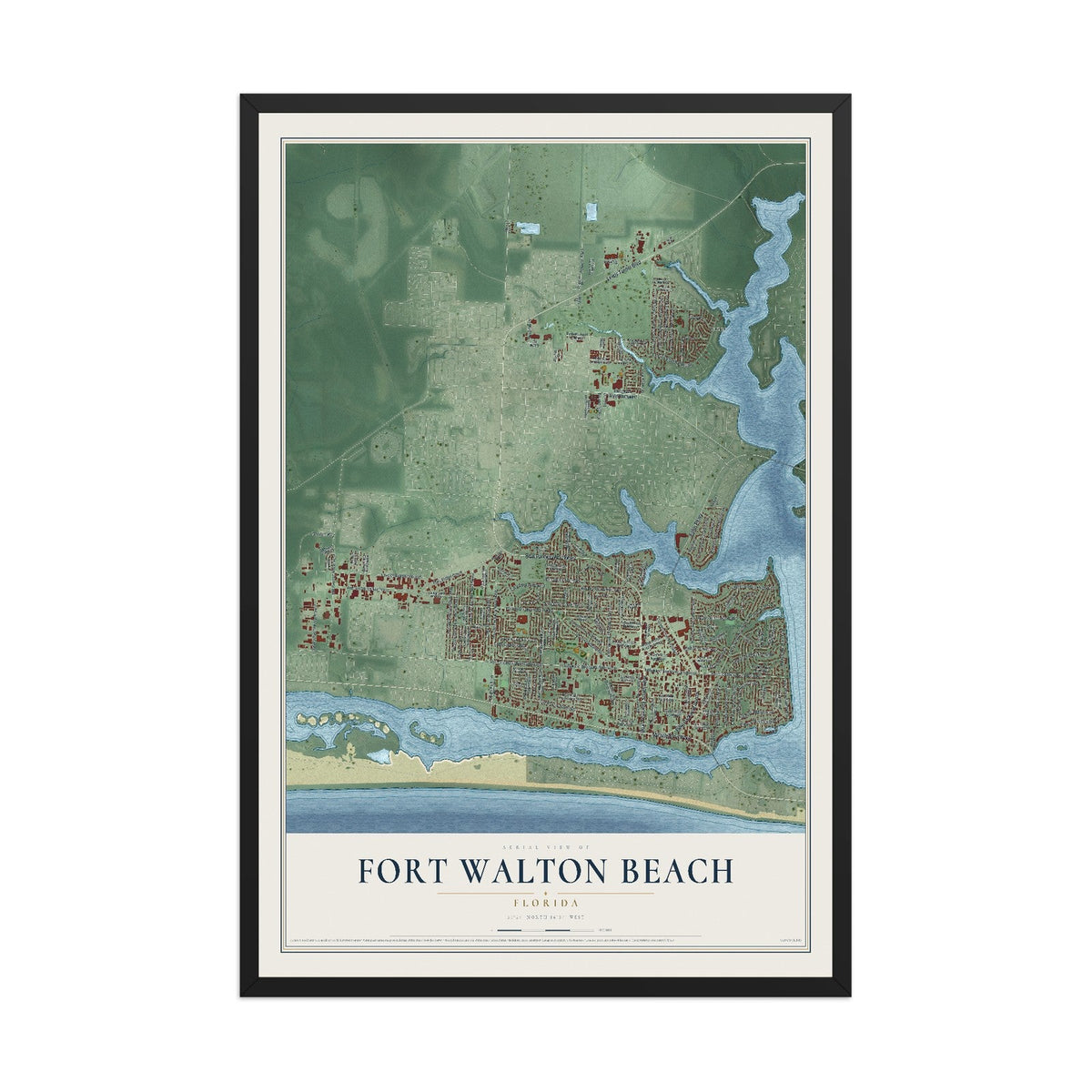 Map of Fort Walton Beach, Florida, 12 x 18 inch print in a black wood frame