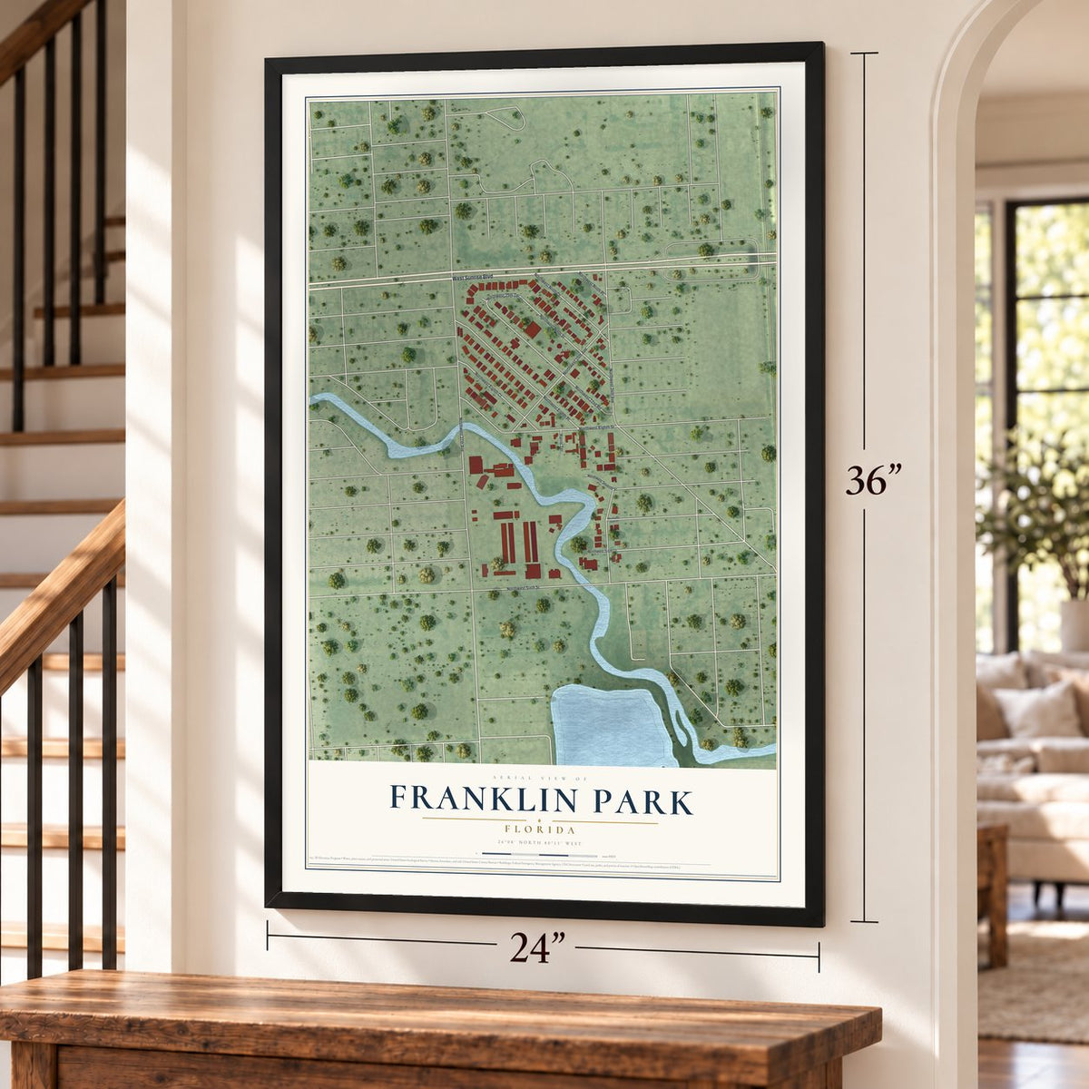 Franklin Park, Florida map, 24 x 36 inch print in a black frame by a staircase