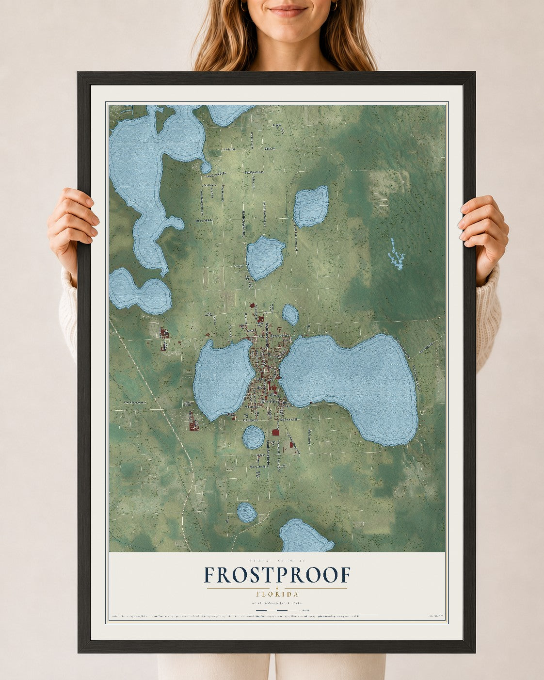 Frostproof, Florida map print, 24" x 36" W/ Black Ayous Wood Frame mockup