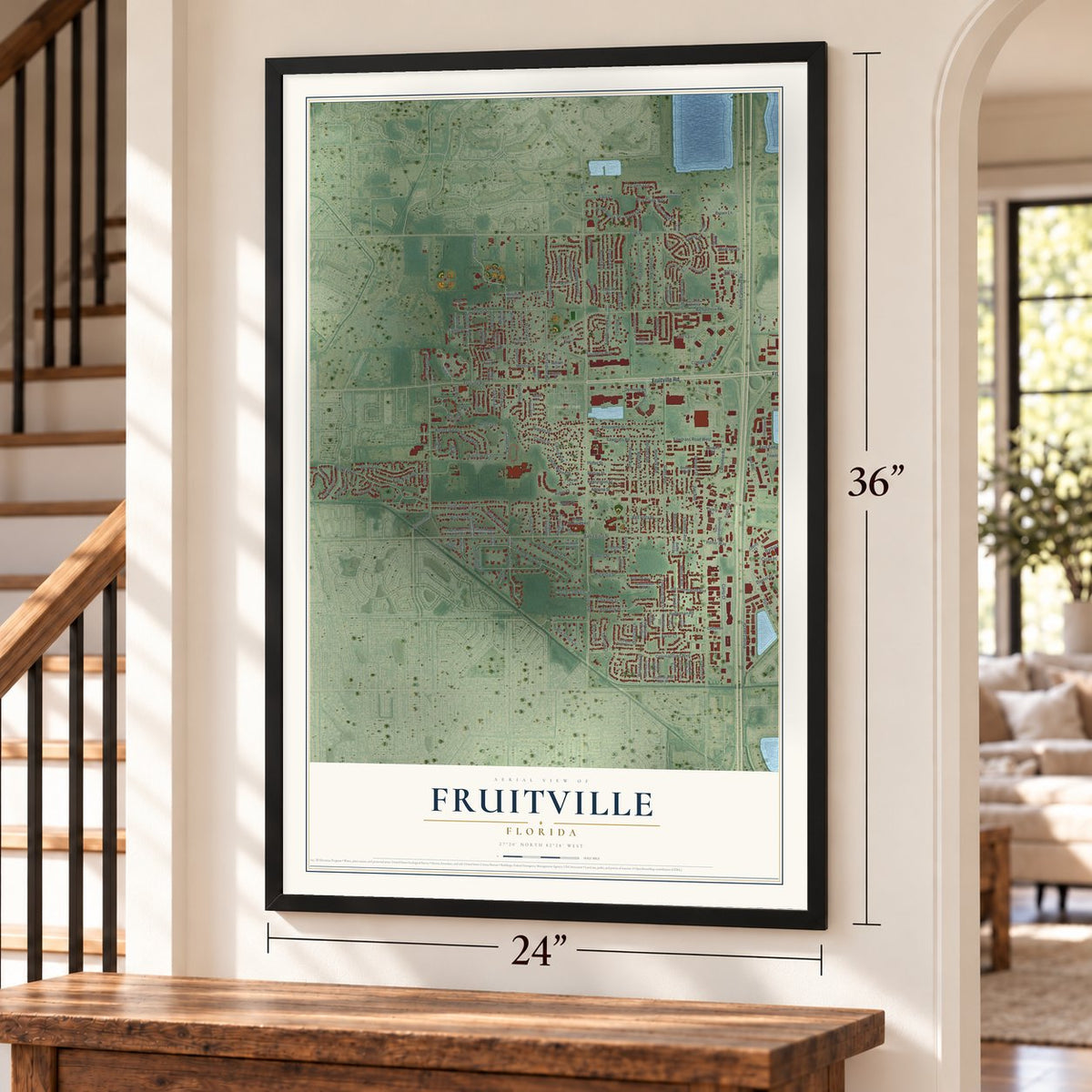 Fruitville, Florida map, 24 x 36 inch print in a black frame by a staircase
