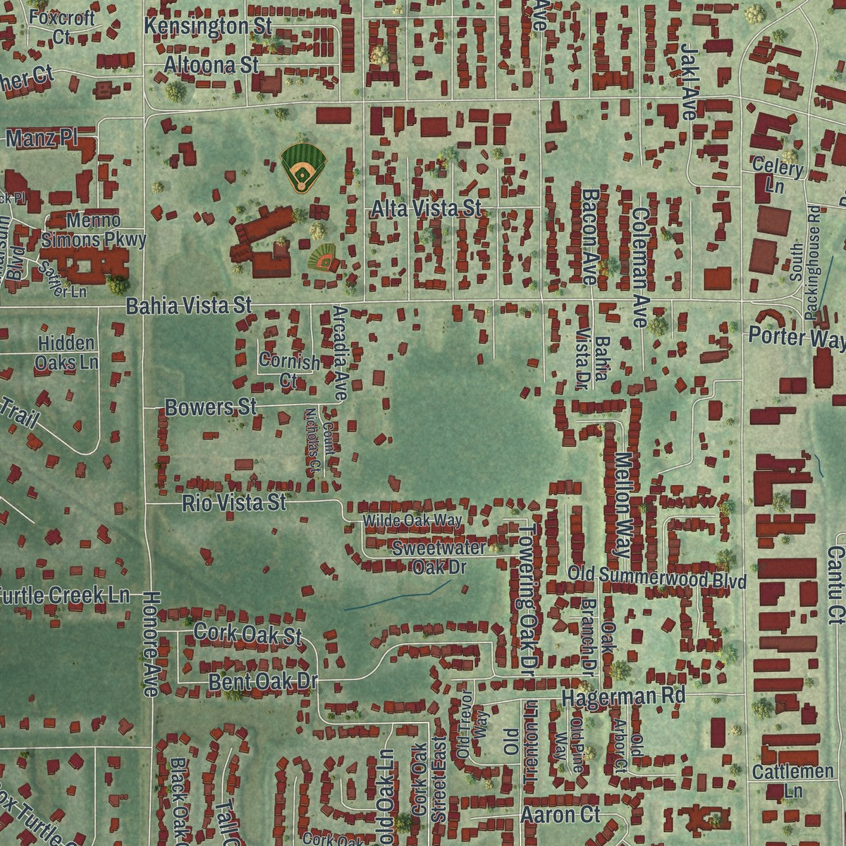 Close-up of the map of Fruitville, Florida print showing street and building detail