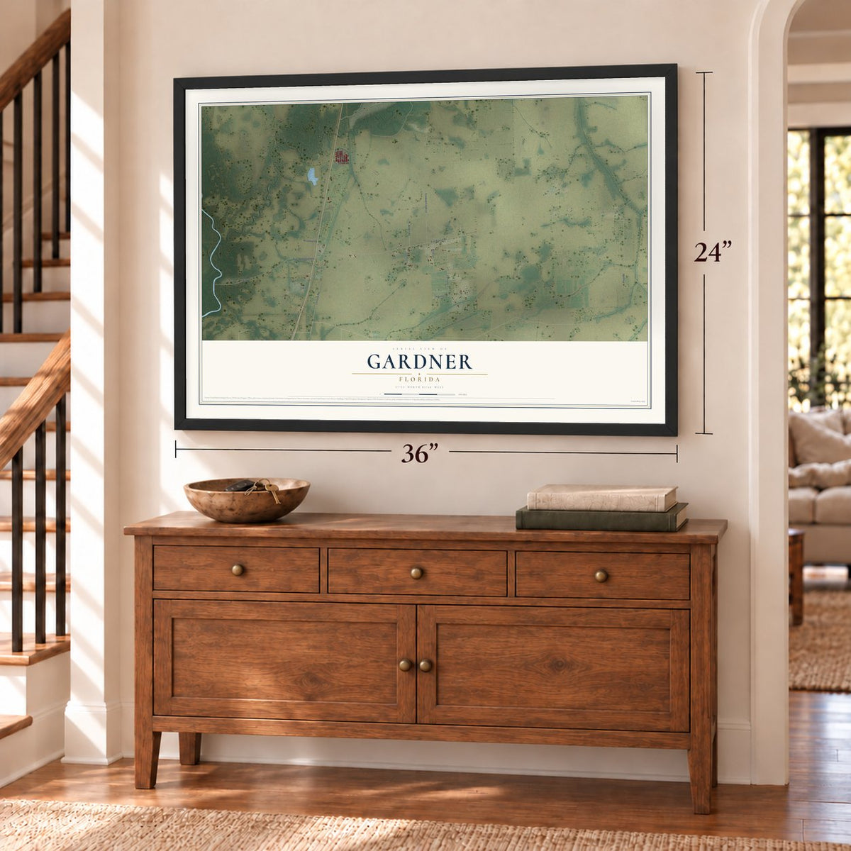 Gardner, Florida map, 24 x 36 inch print in a black frame above a dresser by a staircase