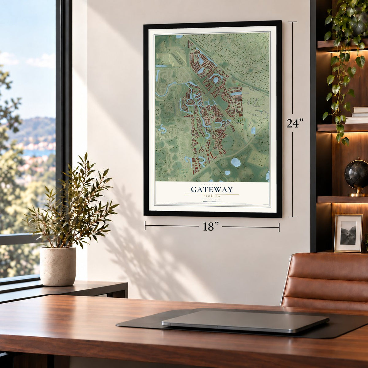 Gateway, Florida map, 18 x 24 inch print in a black frame in a home office