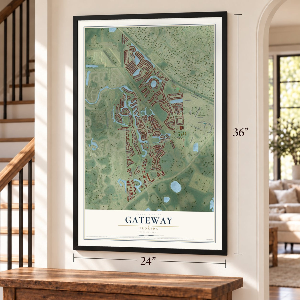 Gateway, Florida map, 24 x 36 inch print in a black frame by a staircase