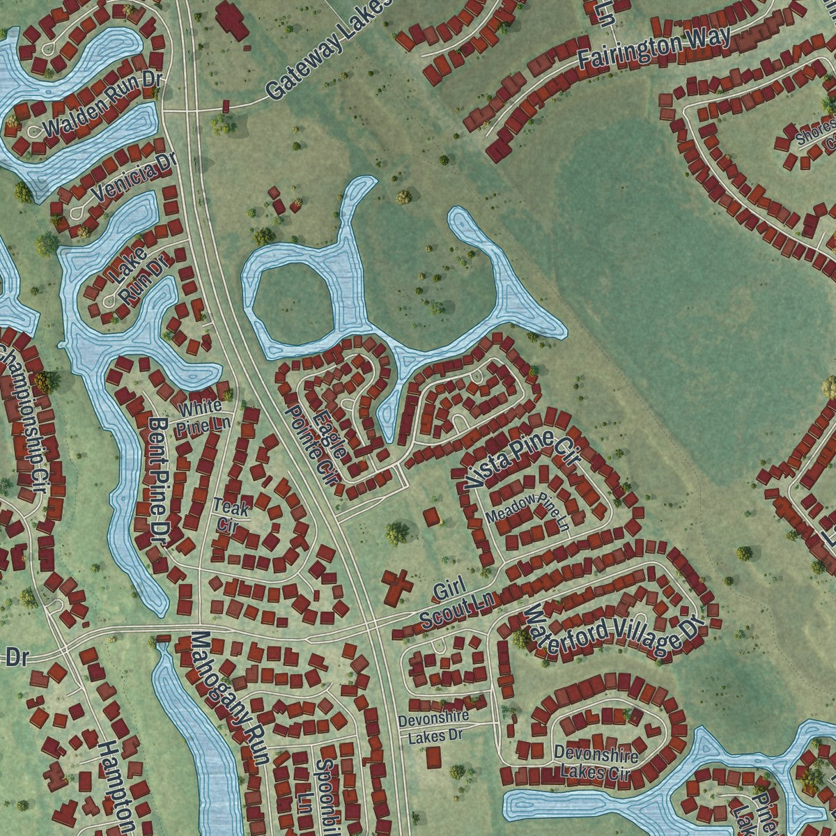 Close-up of the map of Gateway, Florida print showing street and building detail