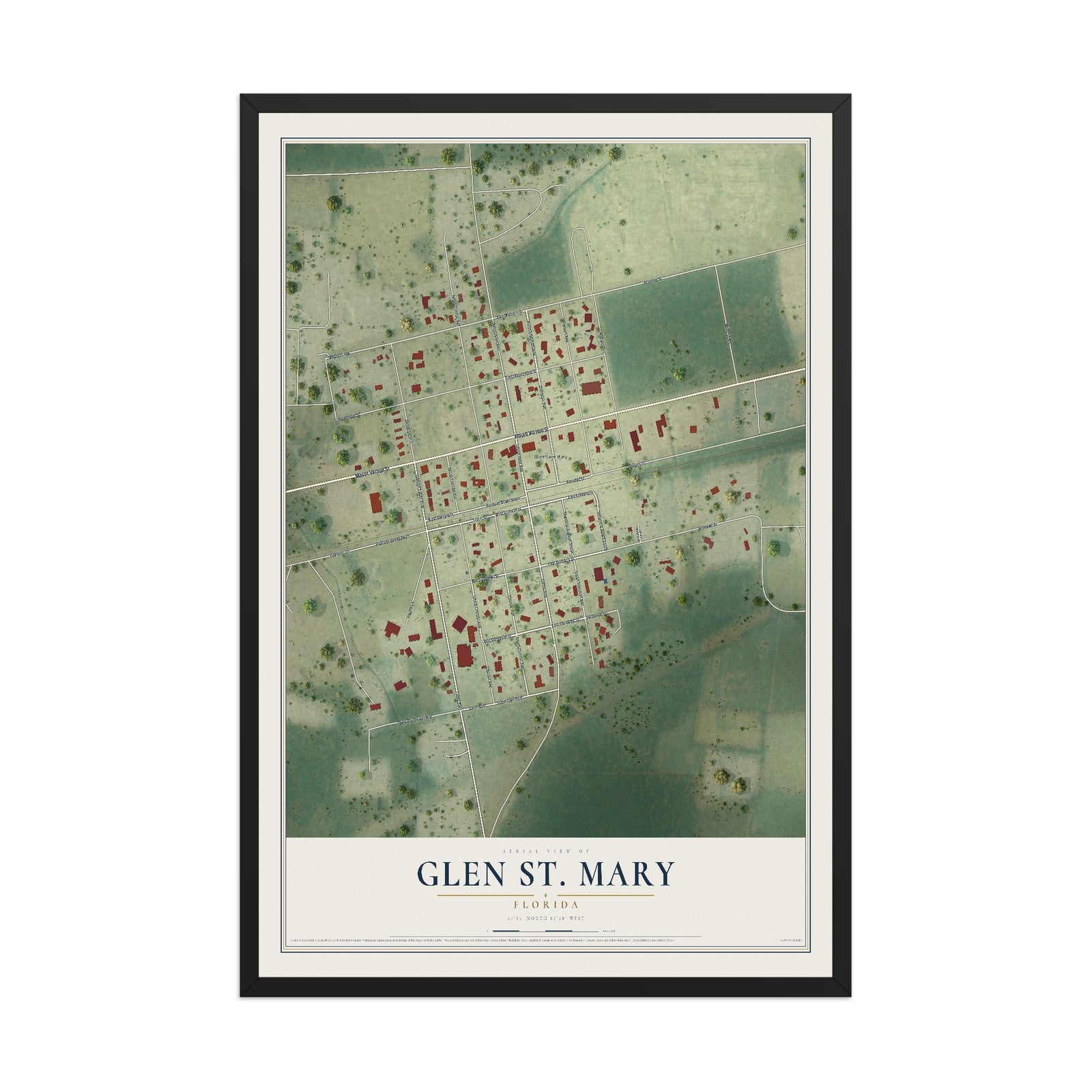 Glen St. Mary, Florida map print, 12" x 18" W/ Black Ayous Wood Frame mockup