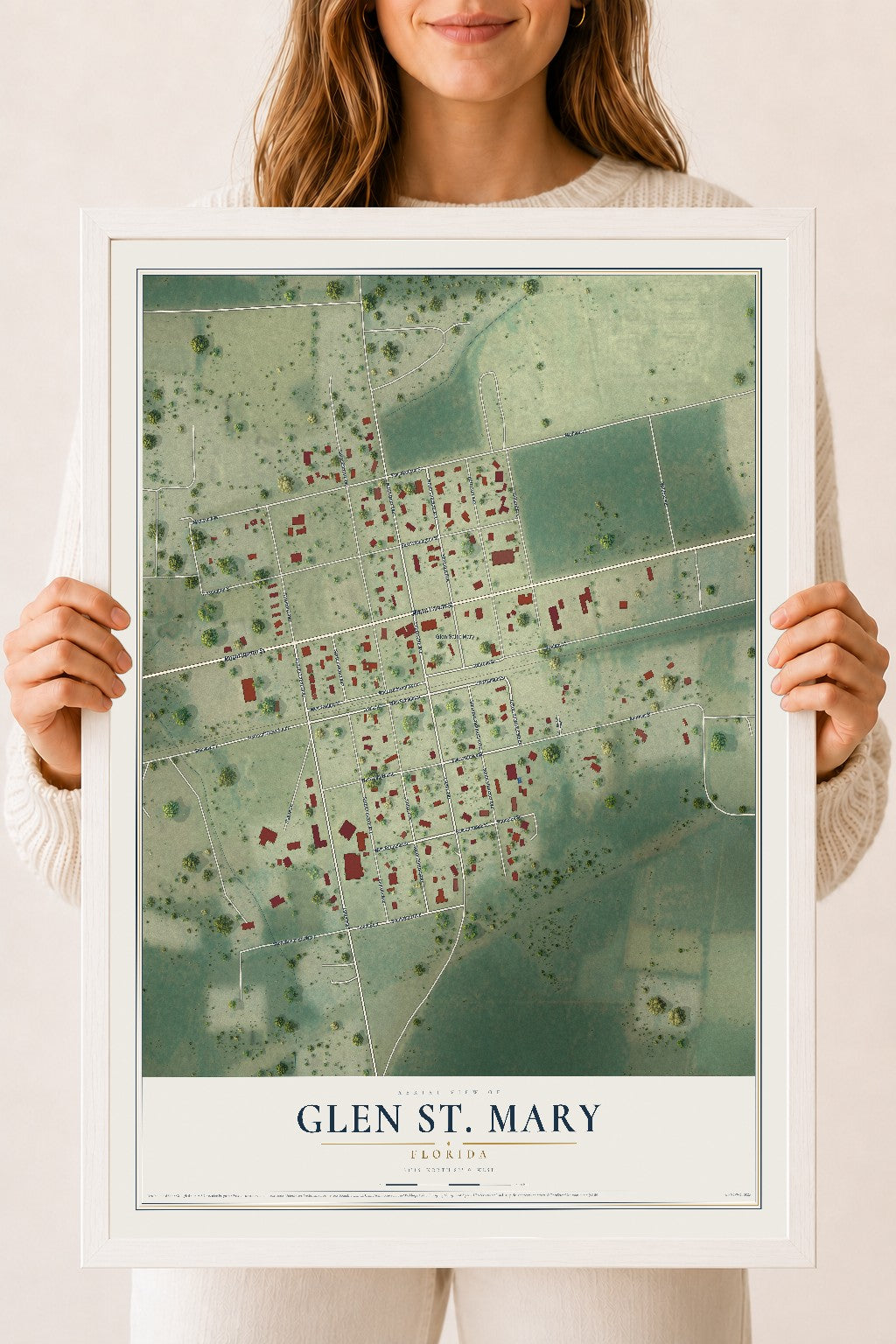 Glen St. Mary, Florida map print, 18" x 24" W/ White Ayous Wood Frame mockup