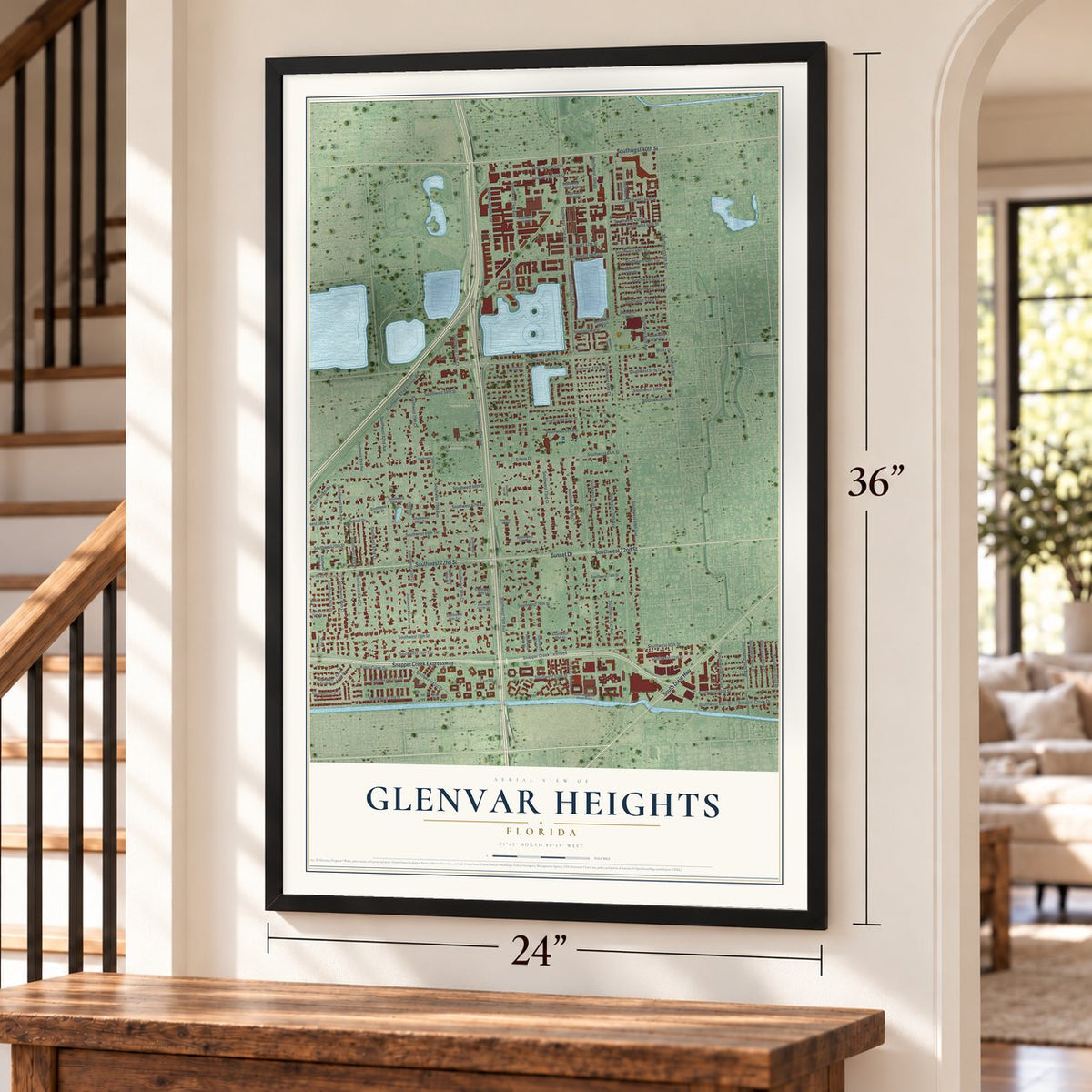 Glenvar Heights, Florida map, 24 x 36 inch print in a black frame by a staircase