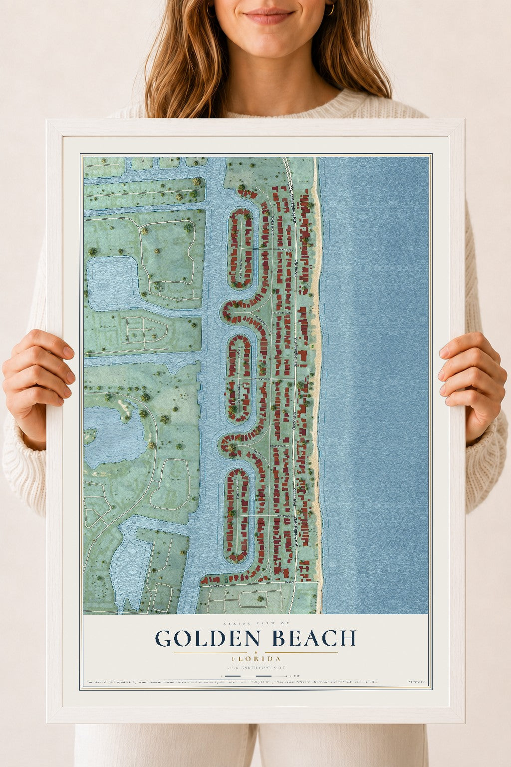 Golden Beach, Florida map print, 18" x 24" W/ White Ayous Wood Frame mockup