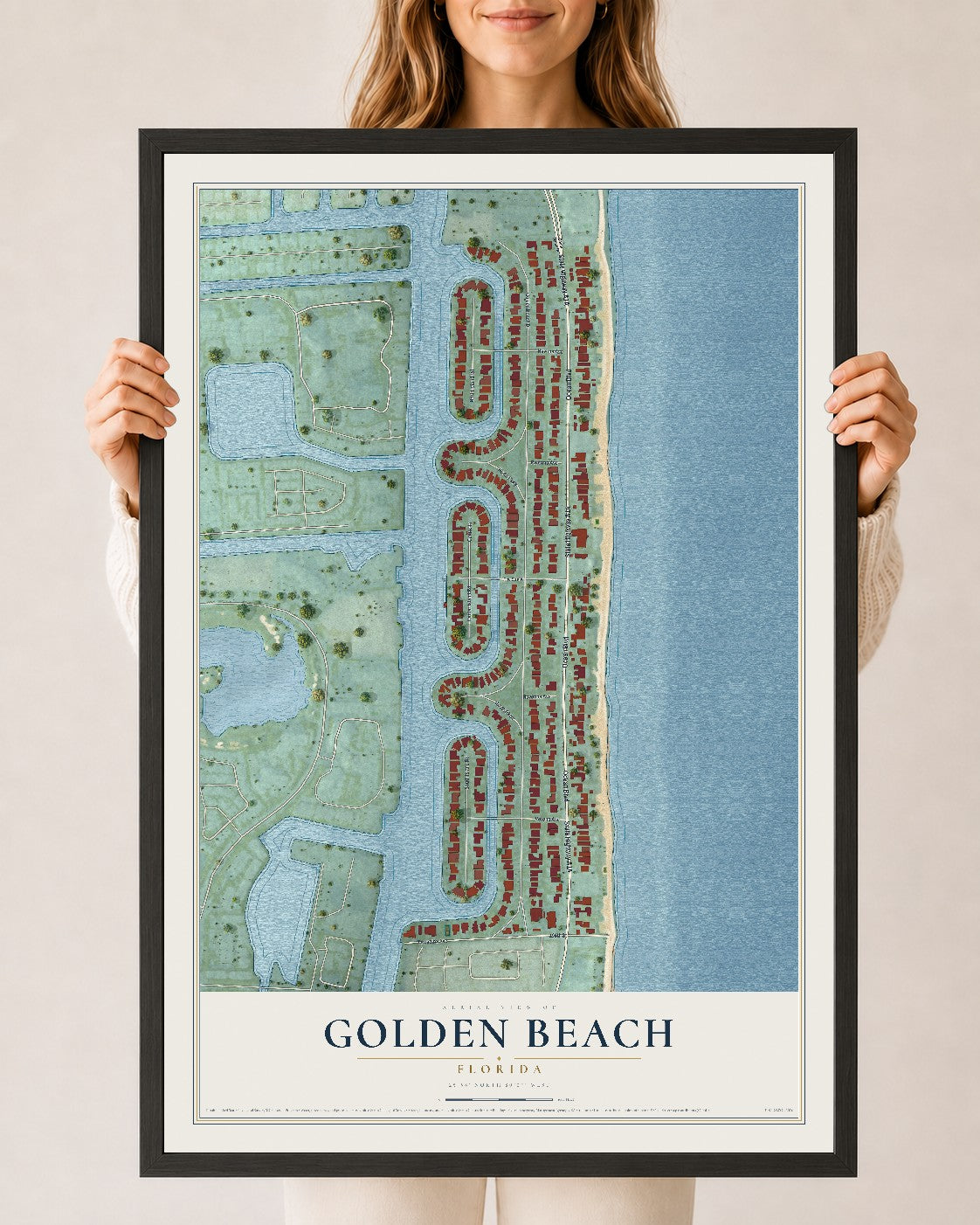 Golden Beach, Florida map print, 24" x 36" W/ Black Ayous Wood Frame mockup