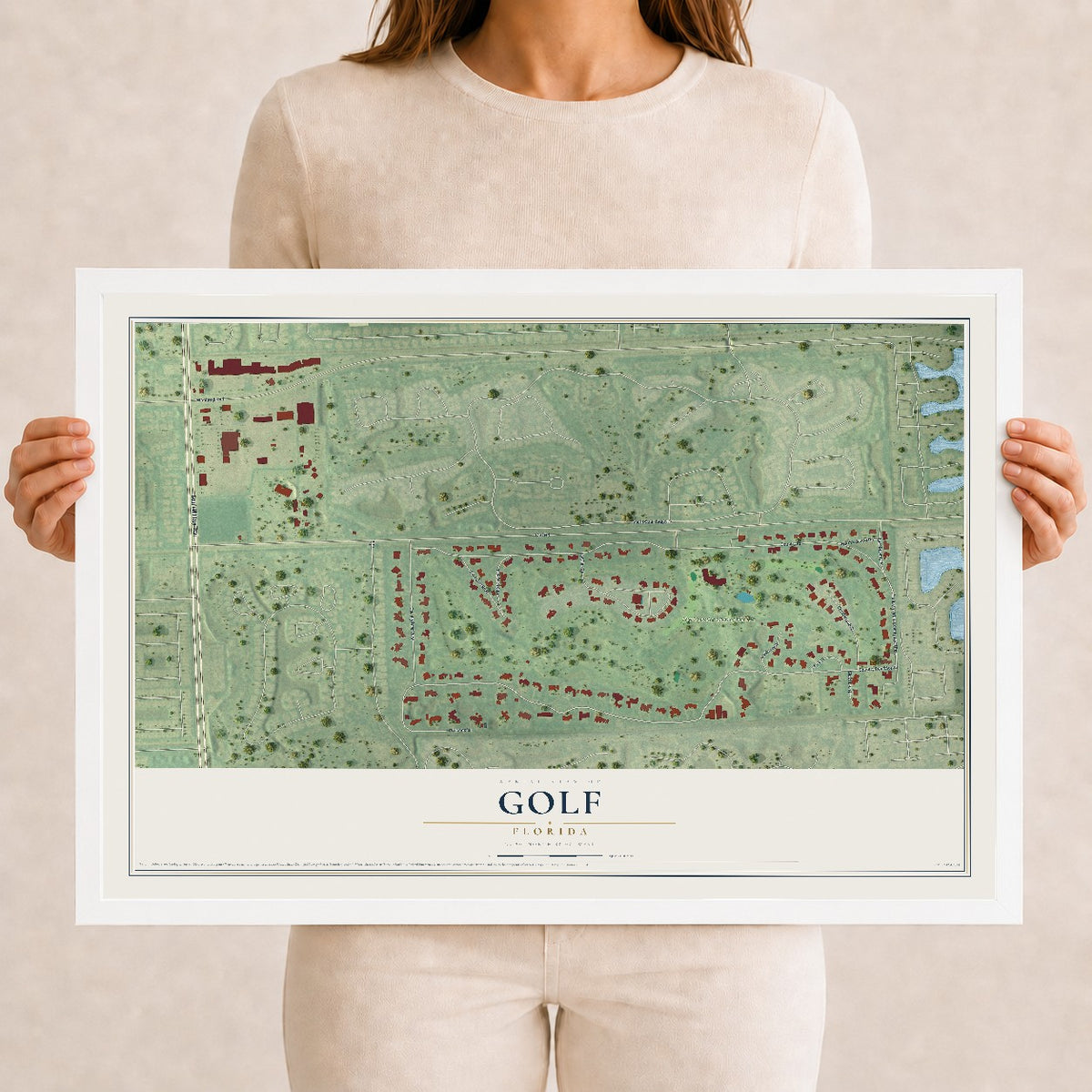 Golf, Florida map print, 12" x 18" W/ White Ayous Wood Frame mockup