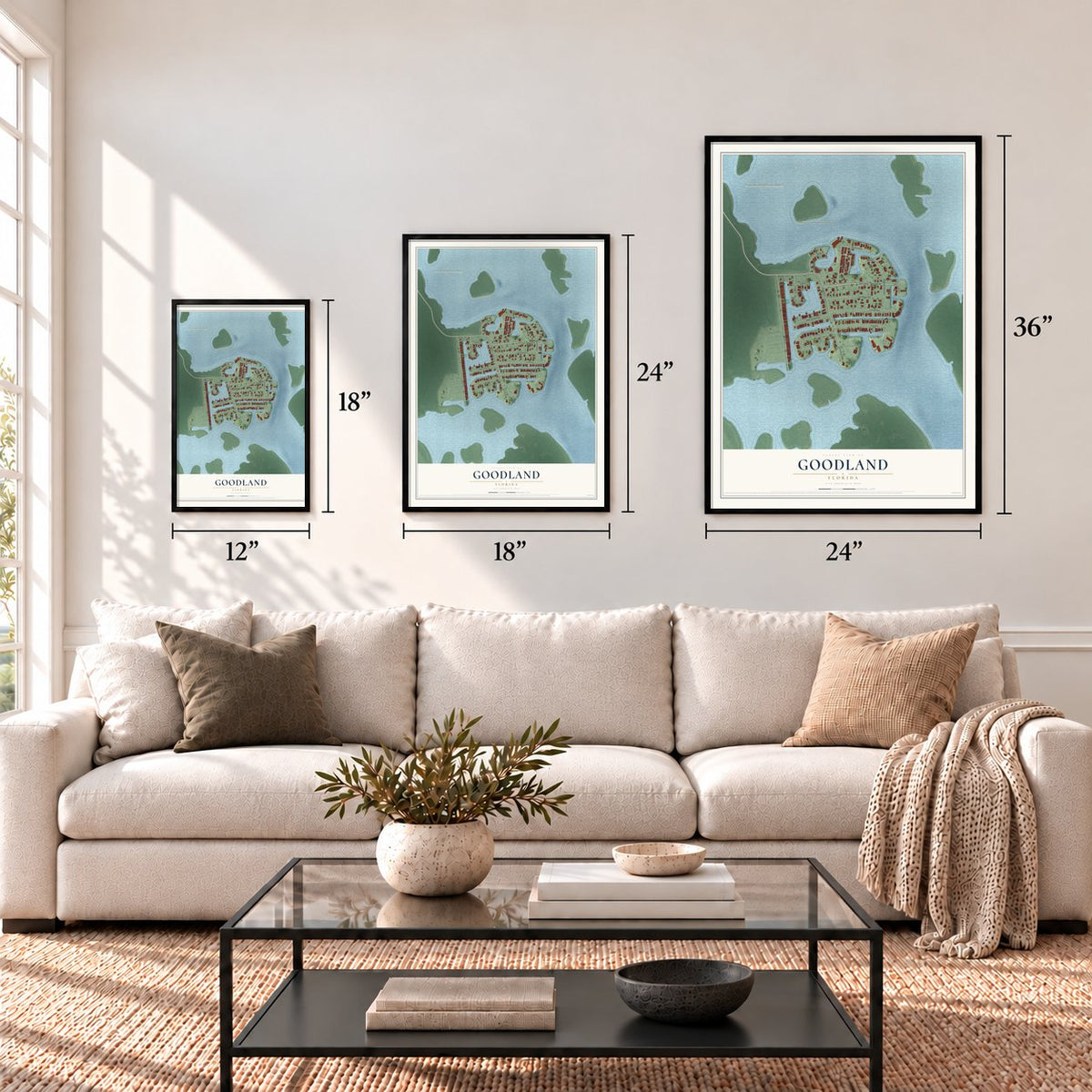 Goodland, Florida map in 12 x 18, 18 x 24 and 24 x 36 inch sizes above a sofa