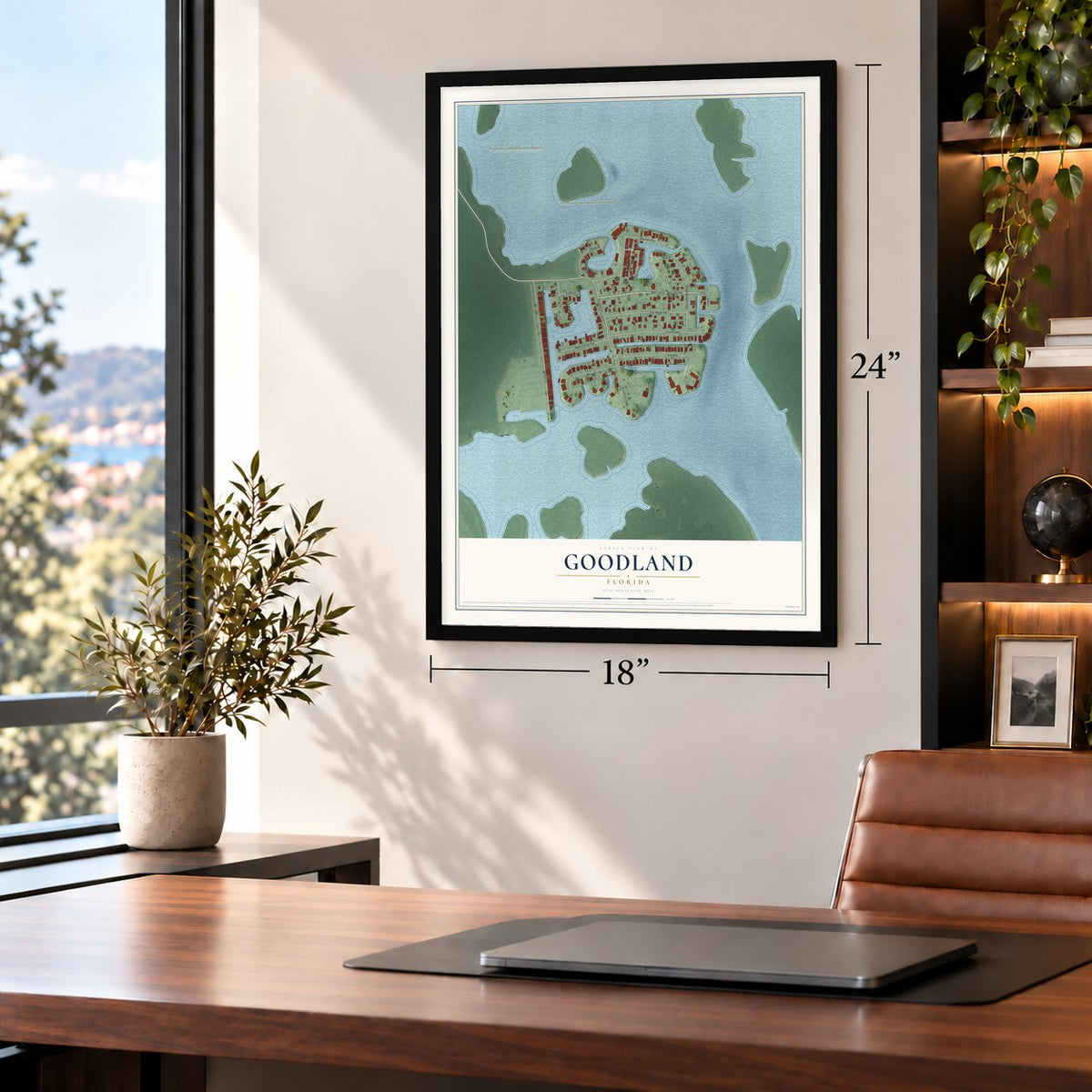 Goodland, Florida map, 18 x 24 inch print in a black frame in a home office