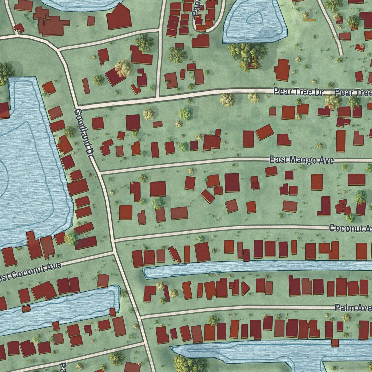 Close-up of the map of Goodland, Florida print showing street and building detail