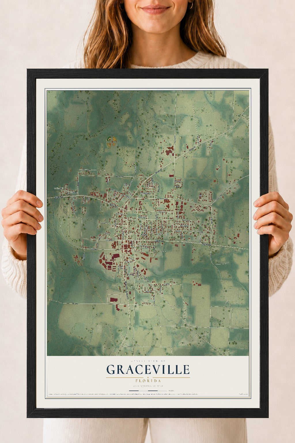 Graceville, Florida map print, 18" x 24" W/ Black Ayous Wood Frame mockup