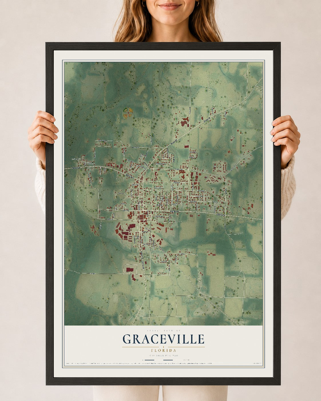 Graceville, Florida map print, 24" x 36" W/ Black Ayous Wood Frame mockup