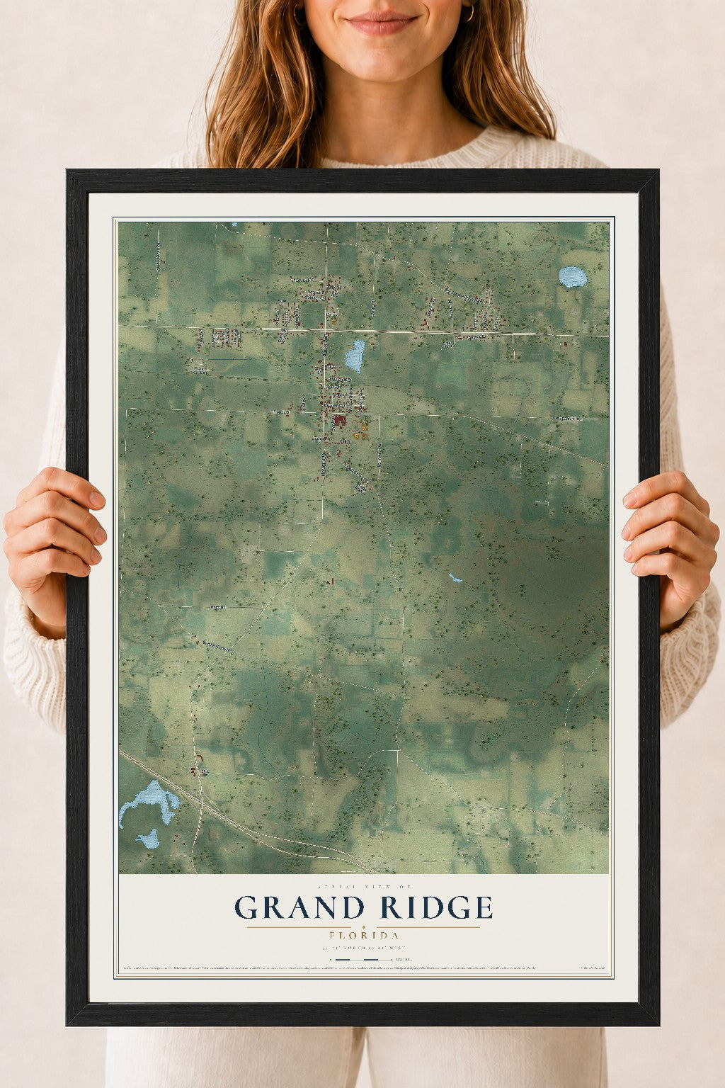 Grand Ridge, Florida map print, 18" x 24" W/ Black Ayous Wood Frame mockup
