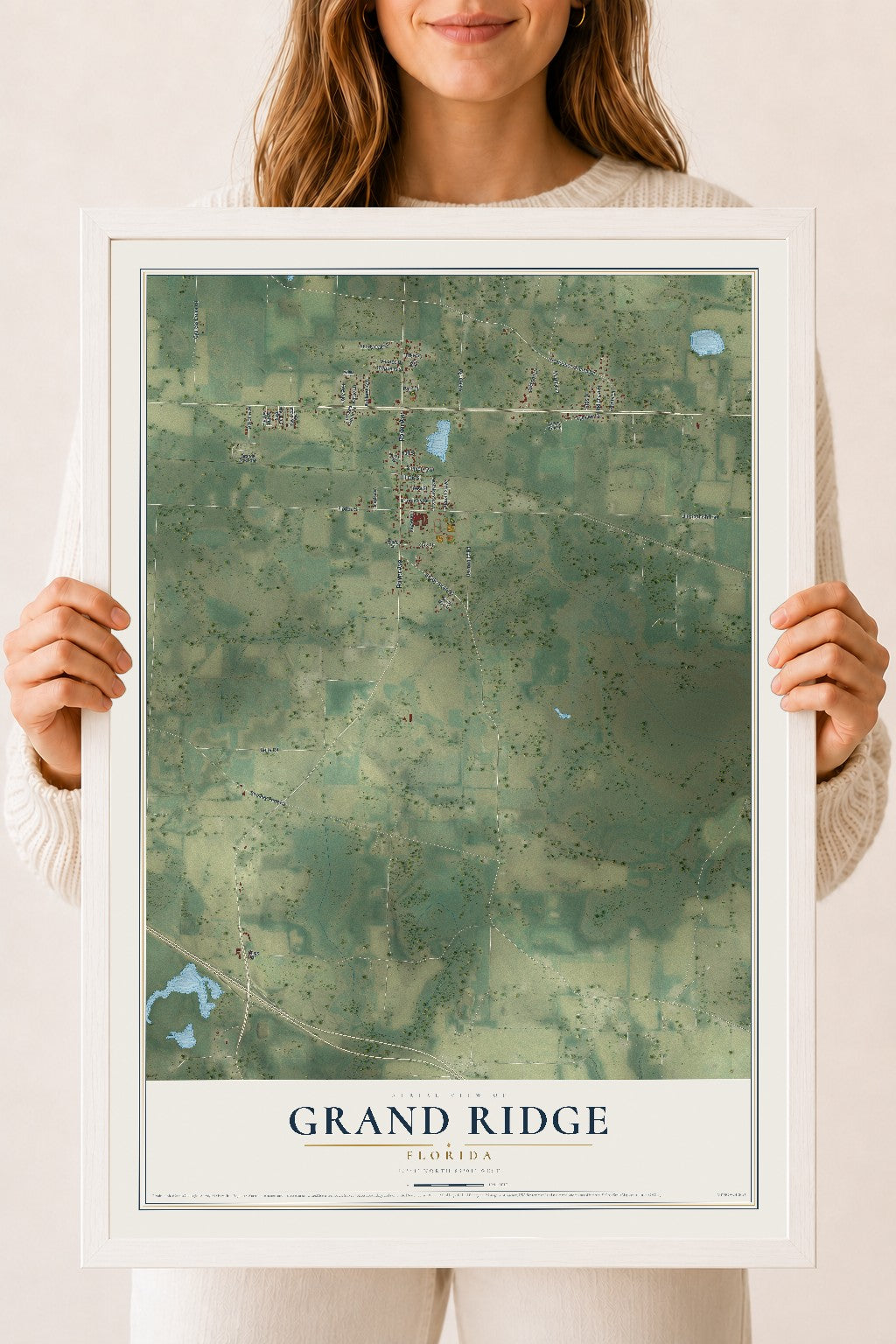 Grand Ridge, Florida map print, 18" x 24" W/ White Ayous Wood Frame mockup