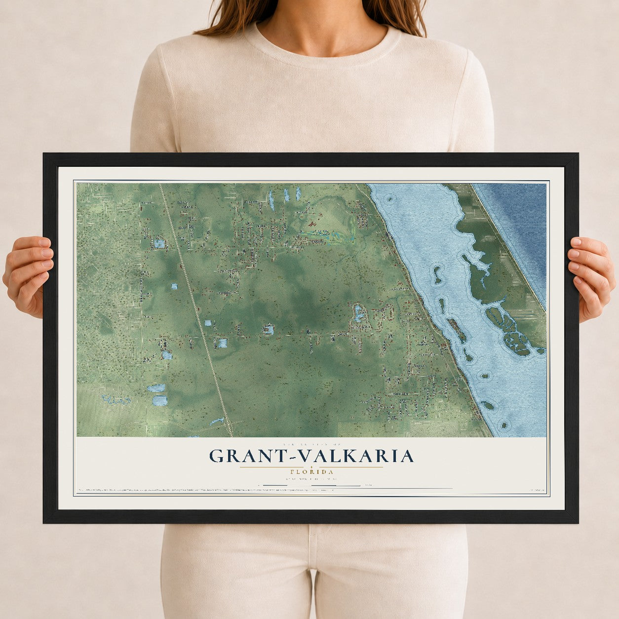 Grant-Valkaria, Florida map print, 12" x 18" W/ Black Ayous Wood Frame mockup