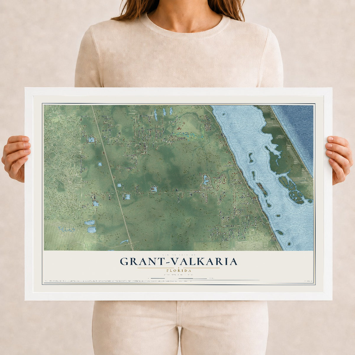 Grant-Valkaria, Florida map print, 12" x 18" W/ White Ayous Wood Frame mockup