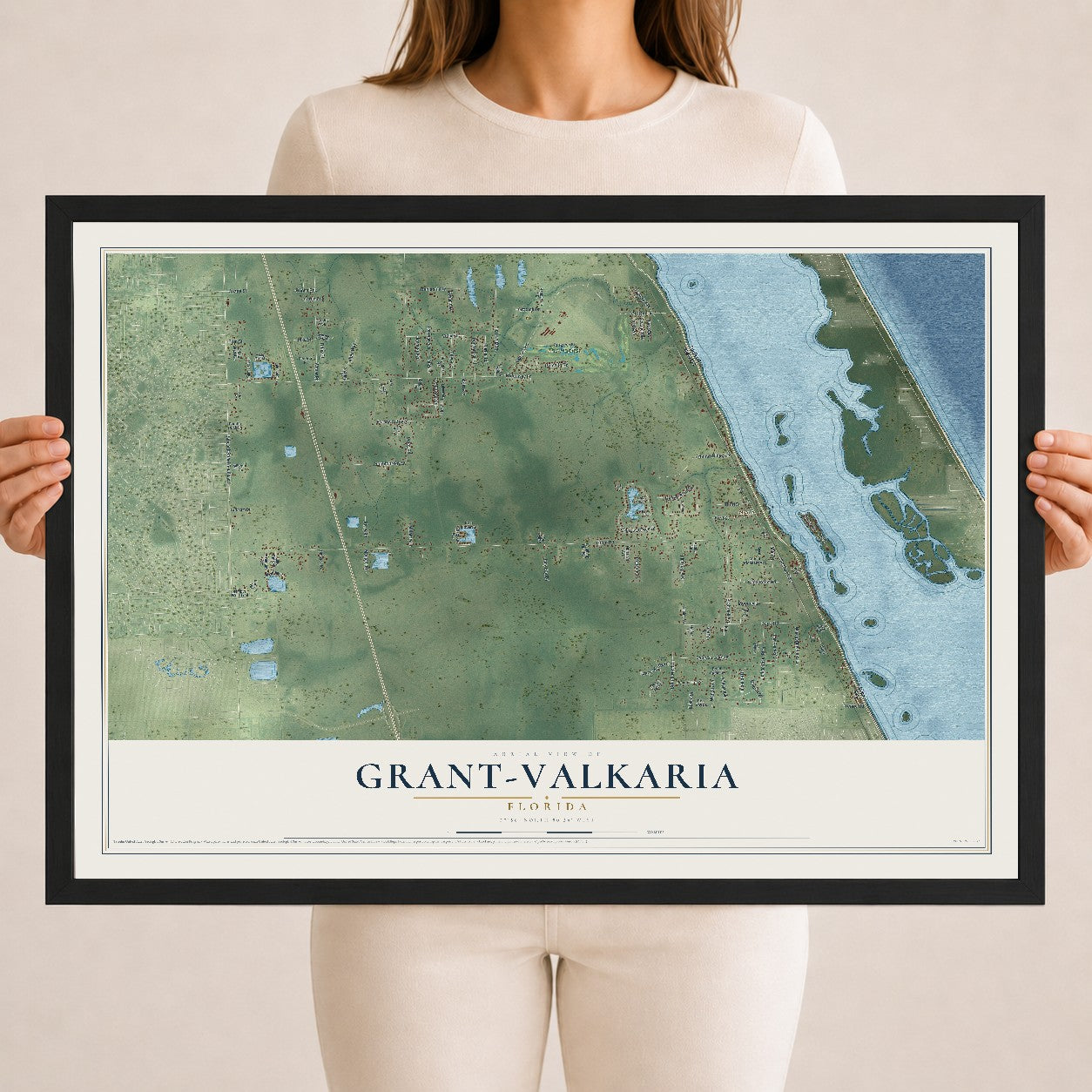 Grant-Valkaria, Florida map print, 18" x 24" W/ Black Ayous Wood Frame mockup