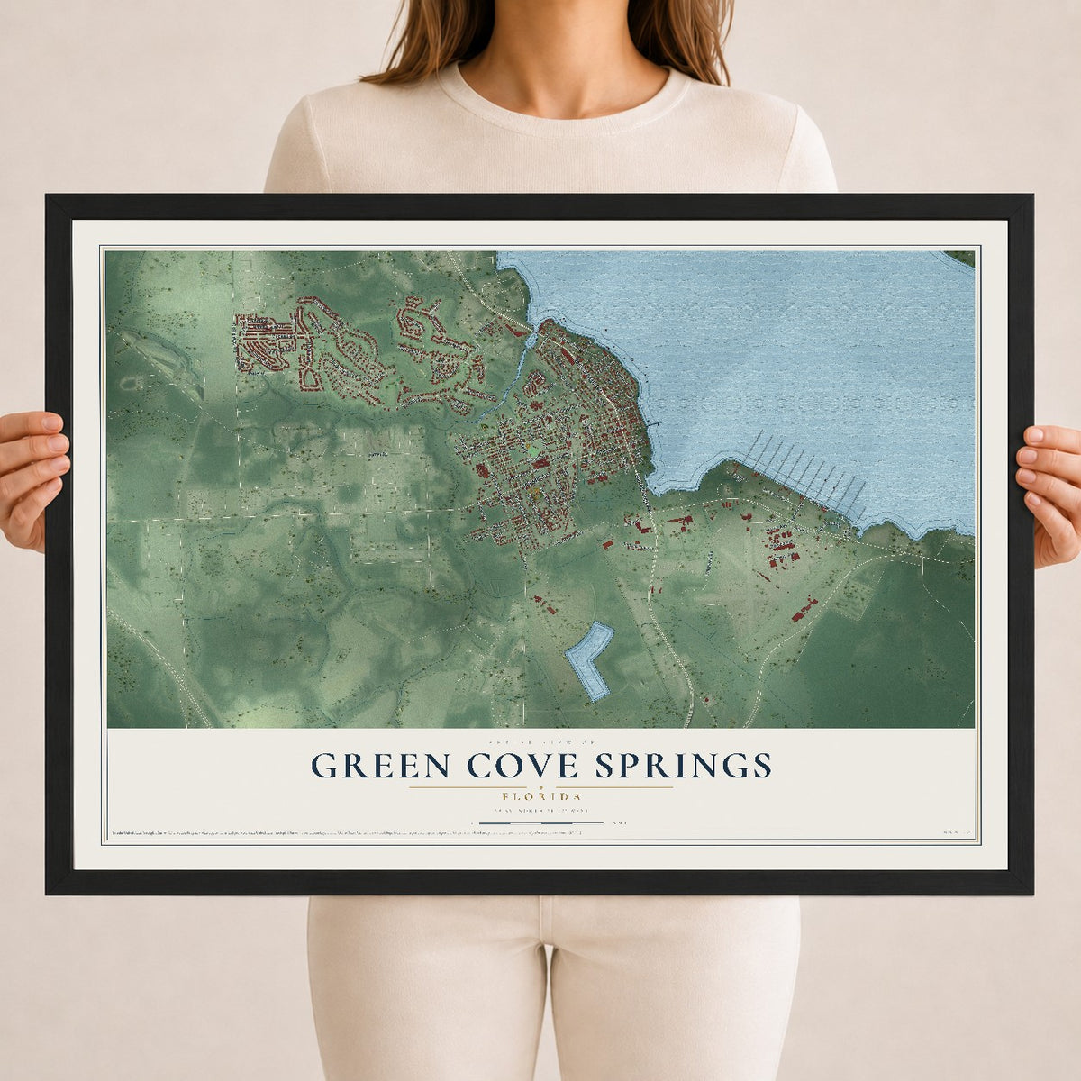 Green Cove Springs, Florida map print, 18" x 24" W/ Black Ayous Wood Frame mockup