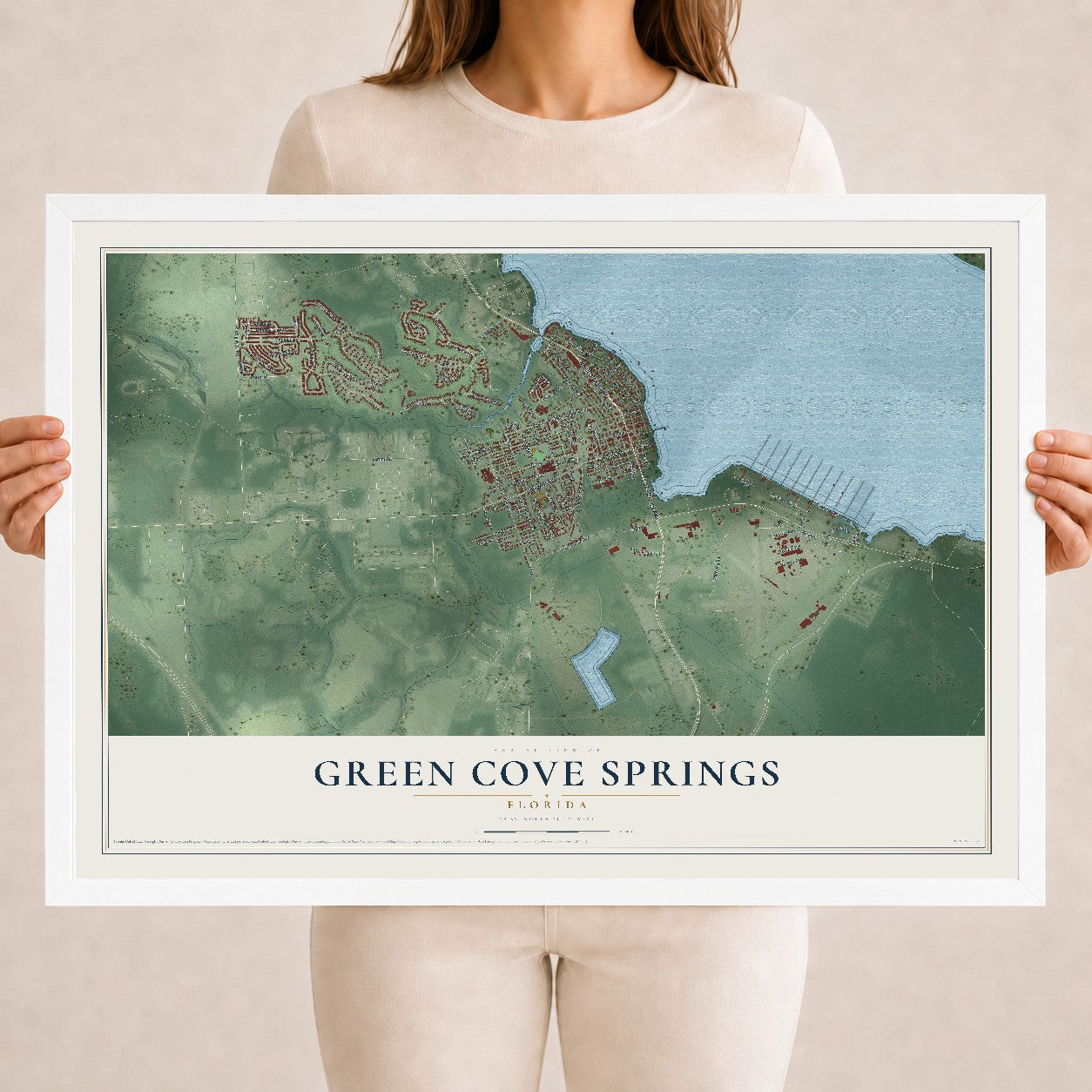 Green Cove Springs, Florida map print, 18" x 24" W/ White Ayous Wood Frame mockup