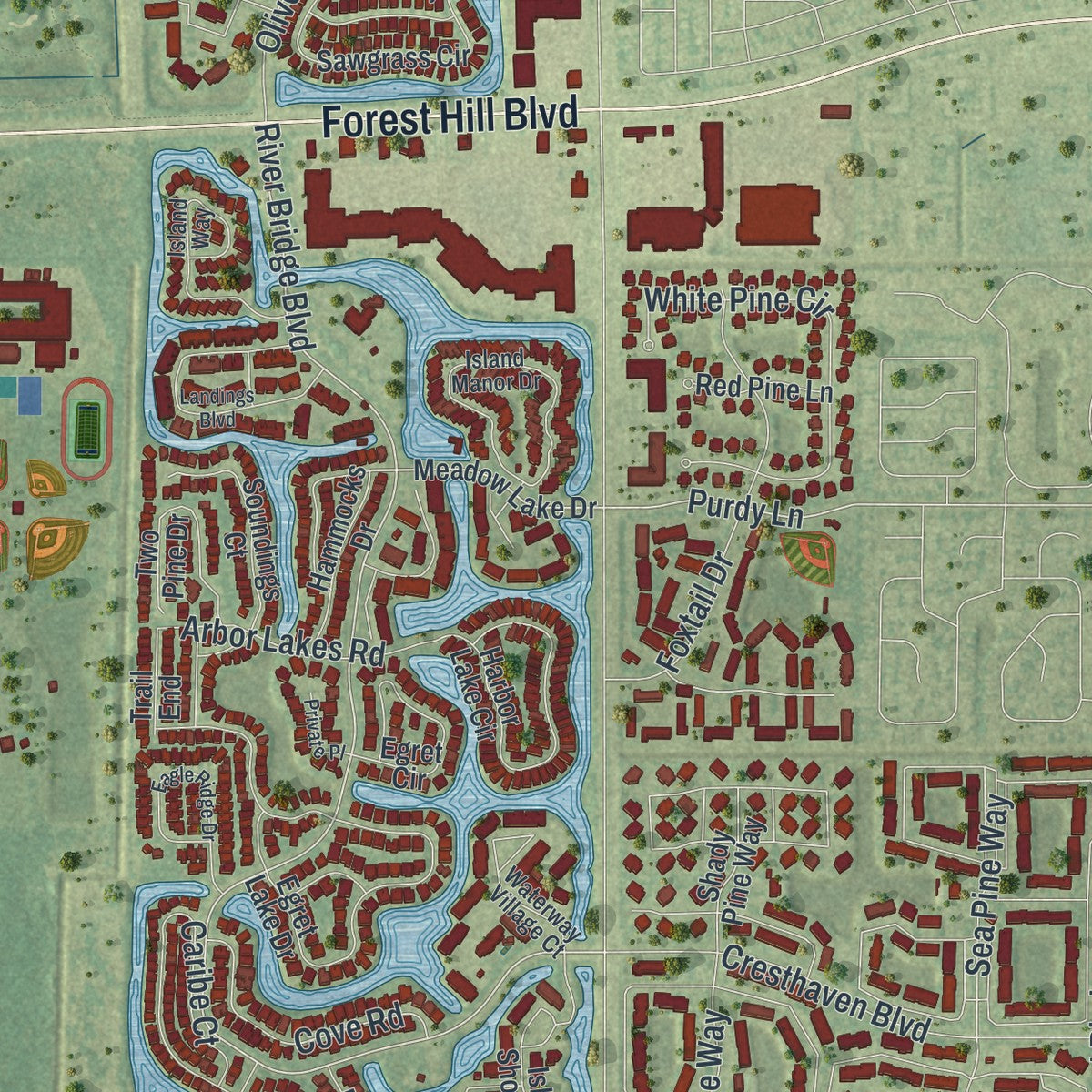 Close-up 2 of the Greenacres, Florida map artwork