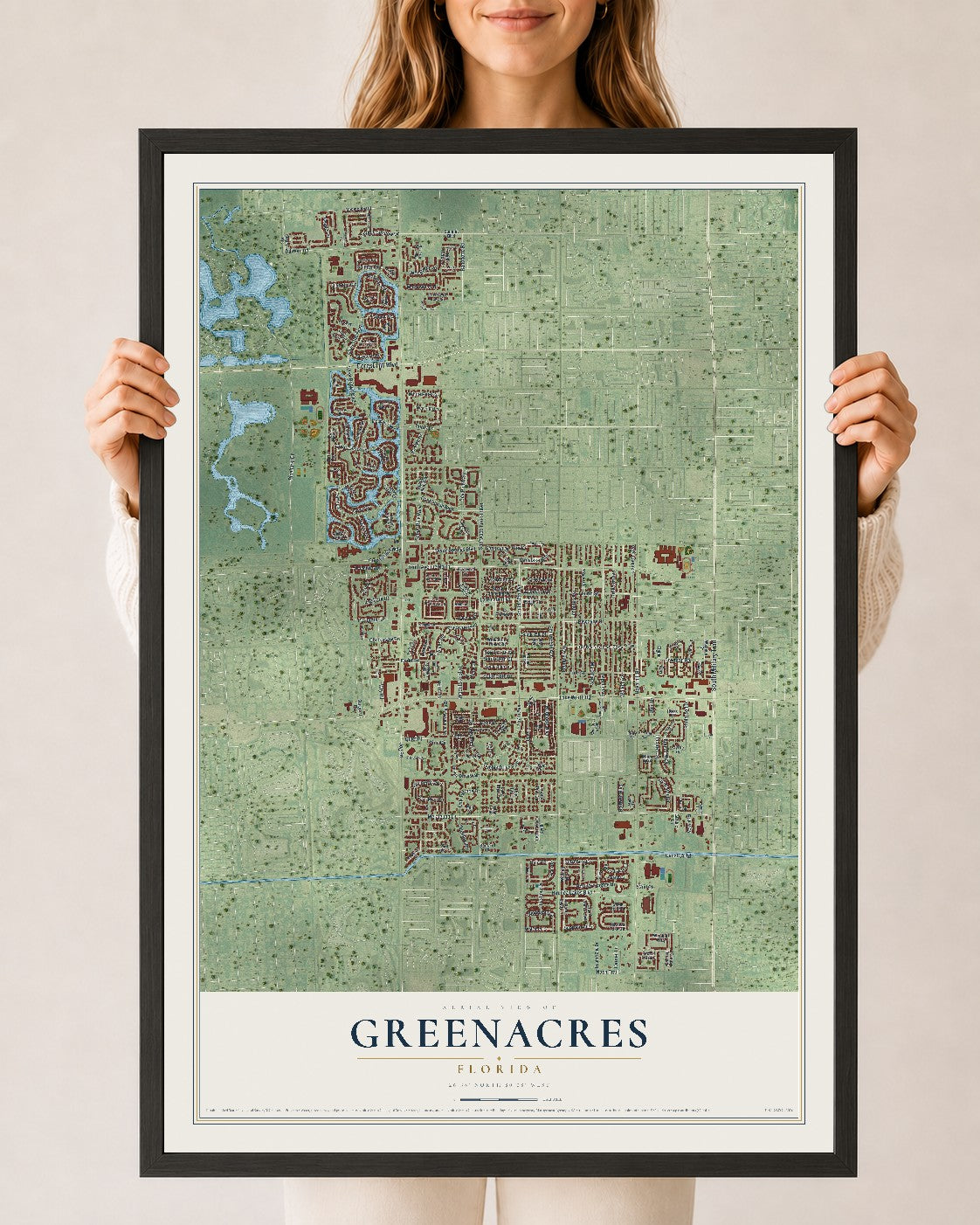 Greenacres, Florida map print, 24" x 36" W/ Black Ayous Wood Frame mockup